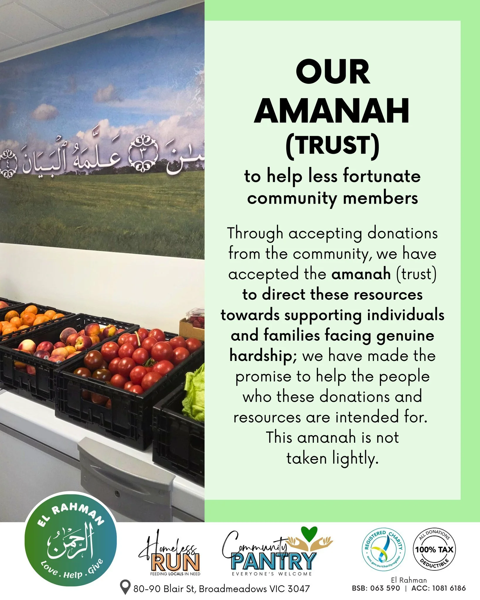 Our amanah (trust) to help less fortunate community members is not taken lightly.

Through accepting donations from the community, we have accepted the amanah (trust) to direct these resources towards supporting individuals and families facing genuin