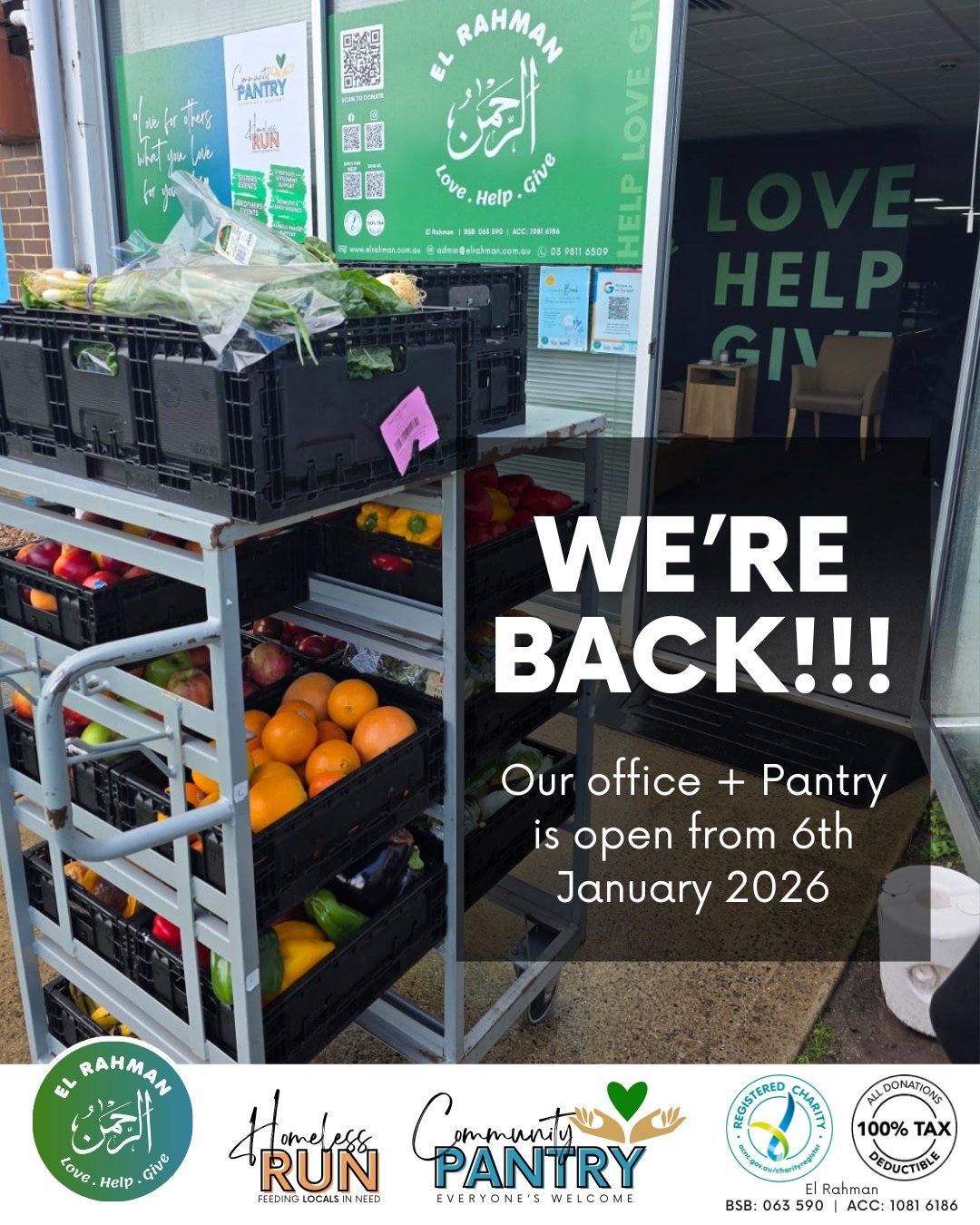 We're back!!!
Our office &amp; Community Pantry are open from the 6th January! 

𝙃𝙊𝙒 𝙏𝙊 𝘾𝙊𝙉𝙏𝙍𝙄𝘽𝙐𝙏𝙀:
💚 𝗚𝗲𝘁 𝗶𝗻𝘃𝗼𝗹𝘃𝗲𝗱 &amp; 𝘃𝗼𝗹𝘂𝗻𝘁𝗲𝗲𝗿: https://forms.office.com/r/29RmfhXQEB
💚 𝗠𝗼𝗻𝗲𝘁𝗮𝗿𝘆 𝗱𝗼𝗻𝗮𝘁𝗶𝗼𝗻𝘀: Cash