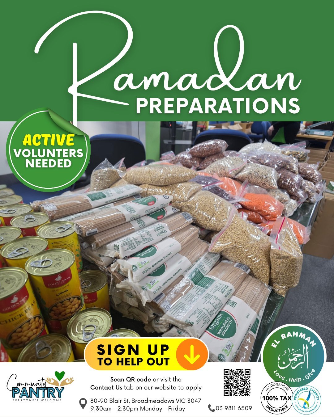 With the blessed month of Ramadan just around the corner, we have a lot of preparations to get through. 
We need your help! 
Sign up to volunteer or donate groceries to be distributed!

𝙃𝙊𝙒 𝙏𝙊 𝘾𝙊𝙉𝙏𝙍𝙄𝘽𝙐𝙏𝙀:
💚 𝗚𝗲𝘁 𝗶𝗻𝘃𝗼𝗹𝘃𝗲𝗱 &am