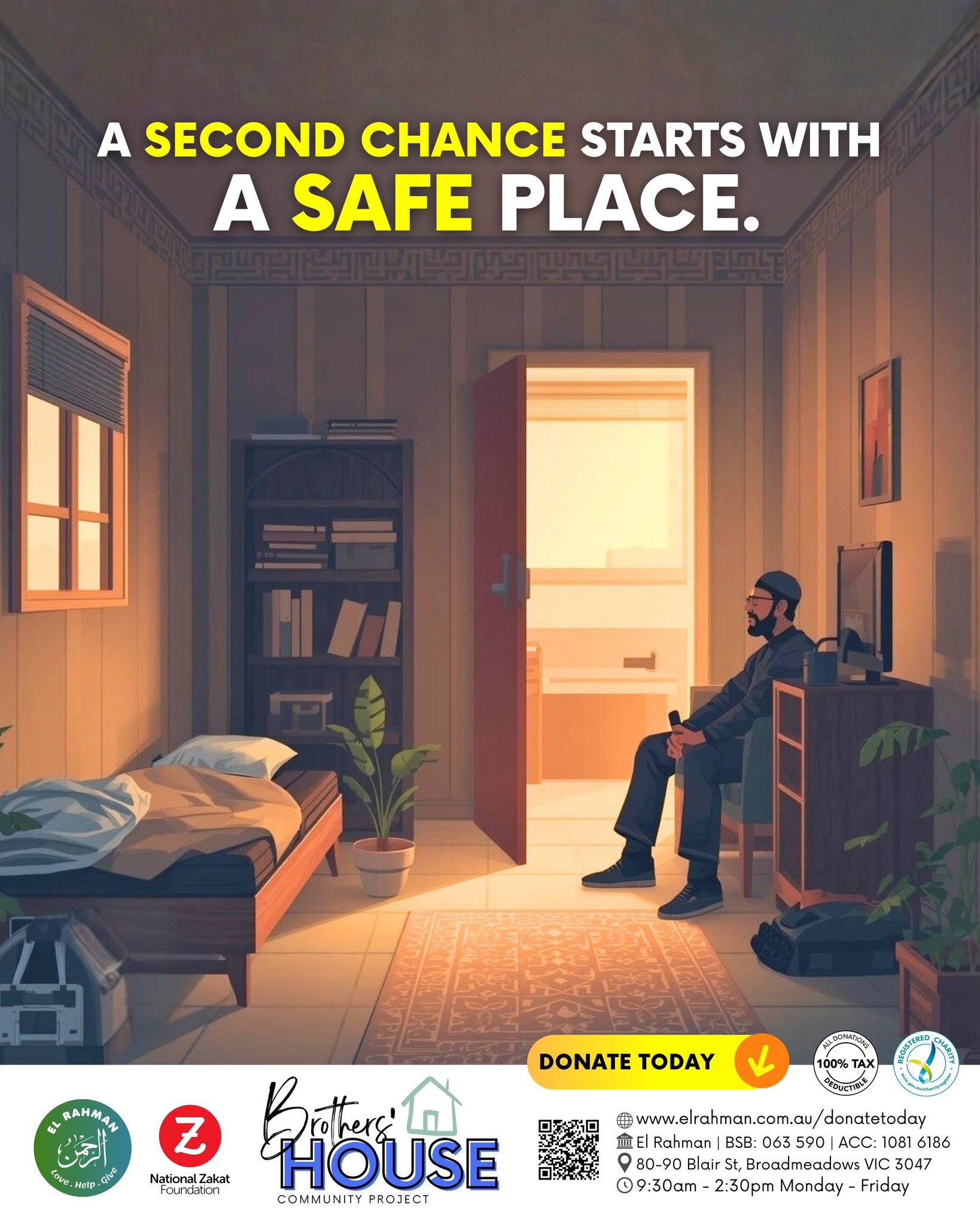 Unfortunately we are seeing many Muslim brothers living in their cars or on the streets after series of unfortunate events. All they need is a second change and a helping hand.

Our new Brothers' House Community Project aims to provide secure and com