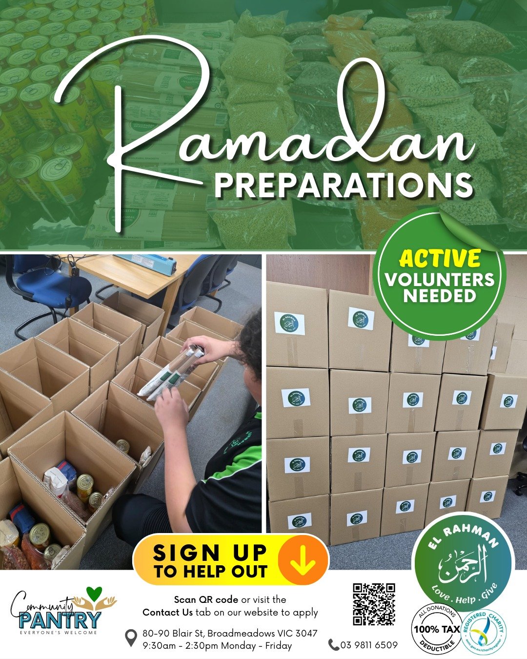 With the blessed month of Ramadan just around the corner, we have a lot of preparations to get through.
We need your help!
Sign up to volunteer or donate groceries to be distributed!

𝙃𝙊𝙒 𝙏𝙊 𝘾𝙊𝙉𝙏𝙍𝙄𝘽𝙐𝙏𝙀:
💚 𝗚𝗲𝘁 𝗶𝗻𝘃𝗼𝗹𝘃𝗲𝗱 &amp;