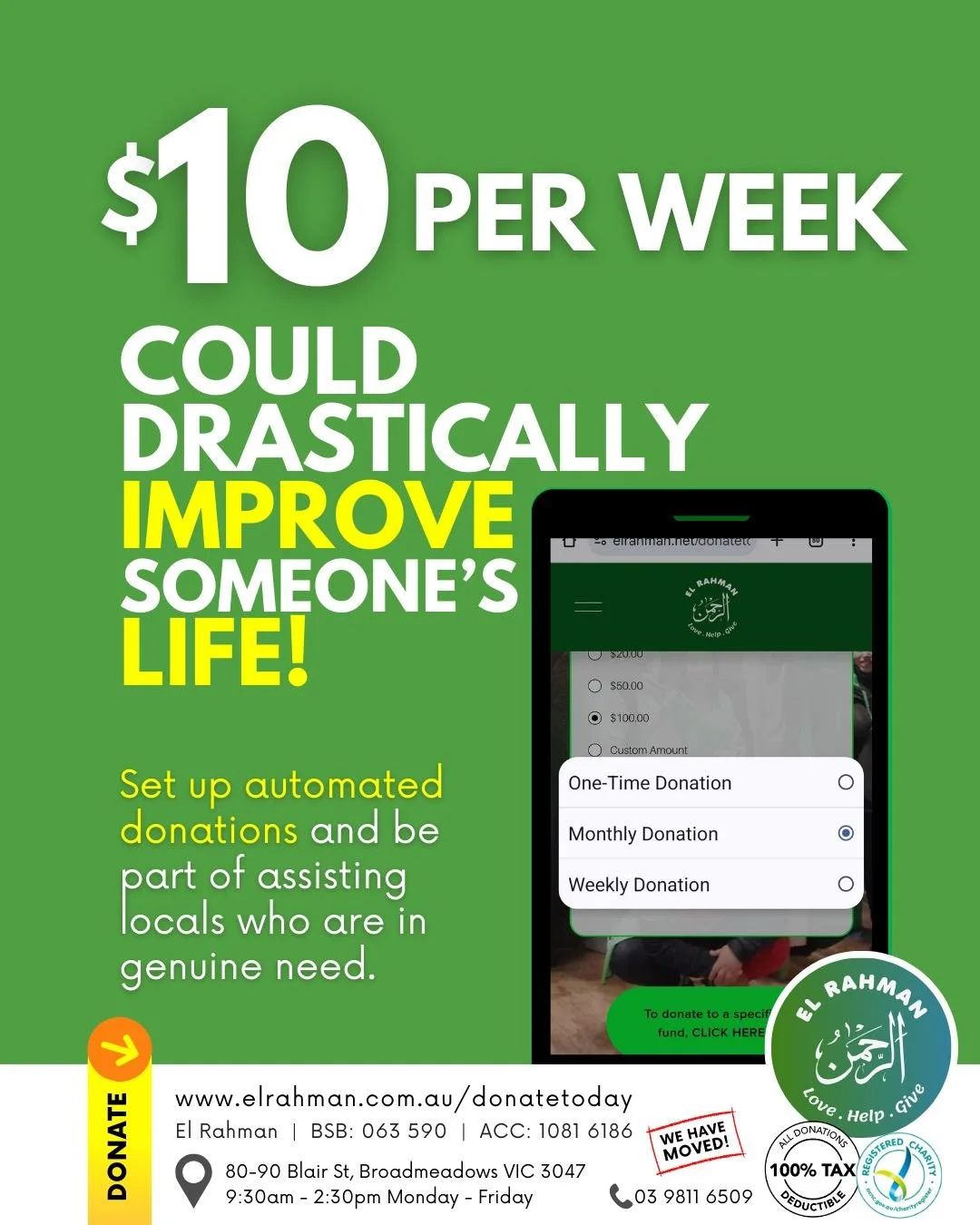 Would you even notice if $10 was automatically getting donated weekly directly from your account?

Take the hassle out of donating, set up automated regular donations and be part of assisting locals who are in genuine need.
Simply visit the "don