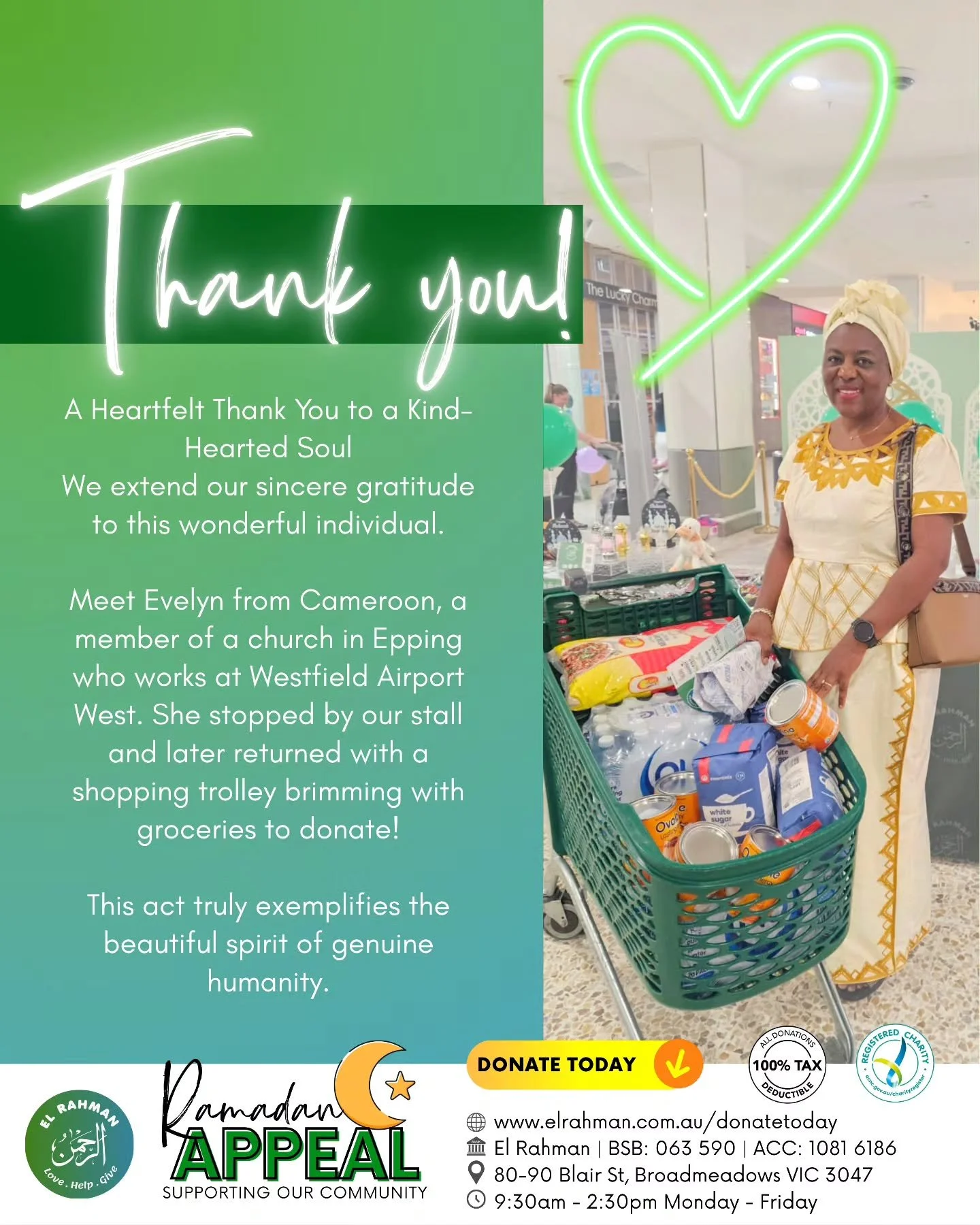 A Heartfelt Thank You to a Kind-Hearted Soul
We extend our sincere gratitude to this wonderful individual.

Meet Evelyn from Cameroon, a member of a church in Epping who works at Westfield Airport West. She stopped by our stall and later returned wit