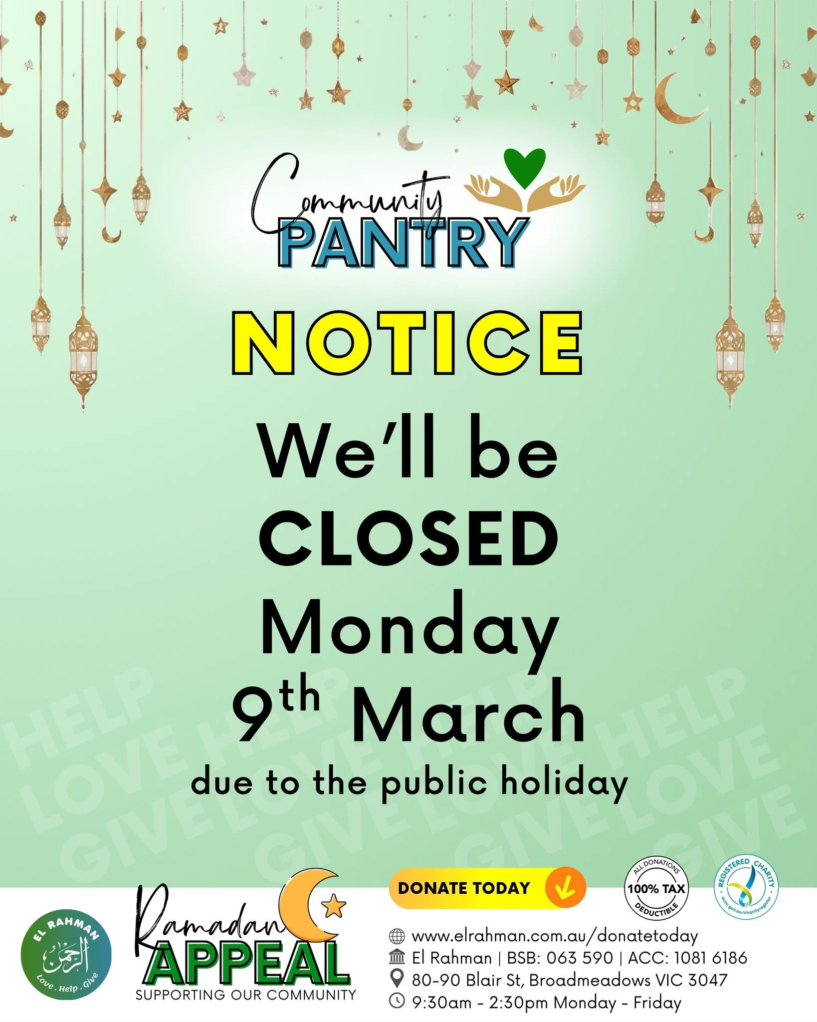 We&rsquo;ll be CLOSED Monday 9th March due to the public holiday.

We will resume as per usual hours as of Tuesday 10th March.

We apologise for any inconvenience caused and hope to see you soon!

𝙃𝙊𝙒 𝙏𝙊 𝘾𝙊𝙉𝙏𝙍𝙄𝘽𝙐𝙏𝙀:
💚 𝗚𝗲𝘁 𝗶𝗻𝘃𝗼?