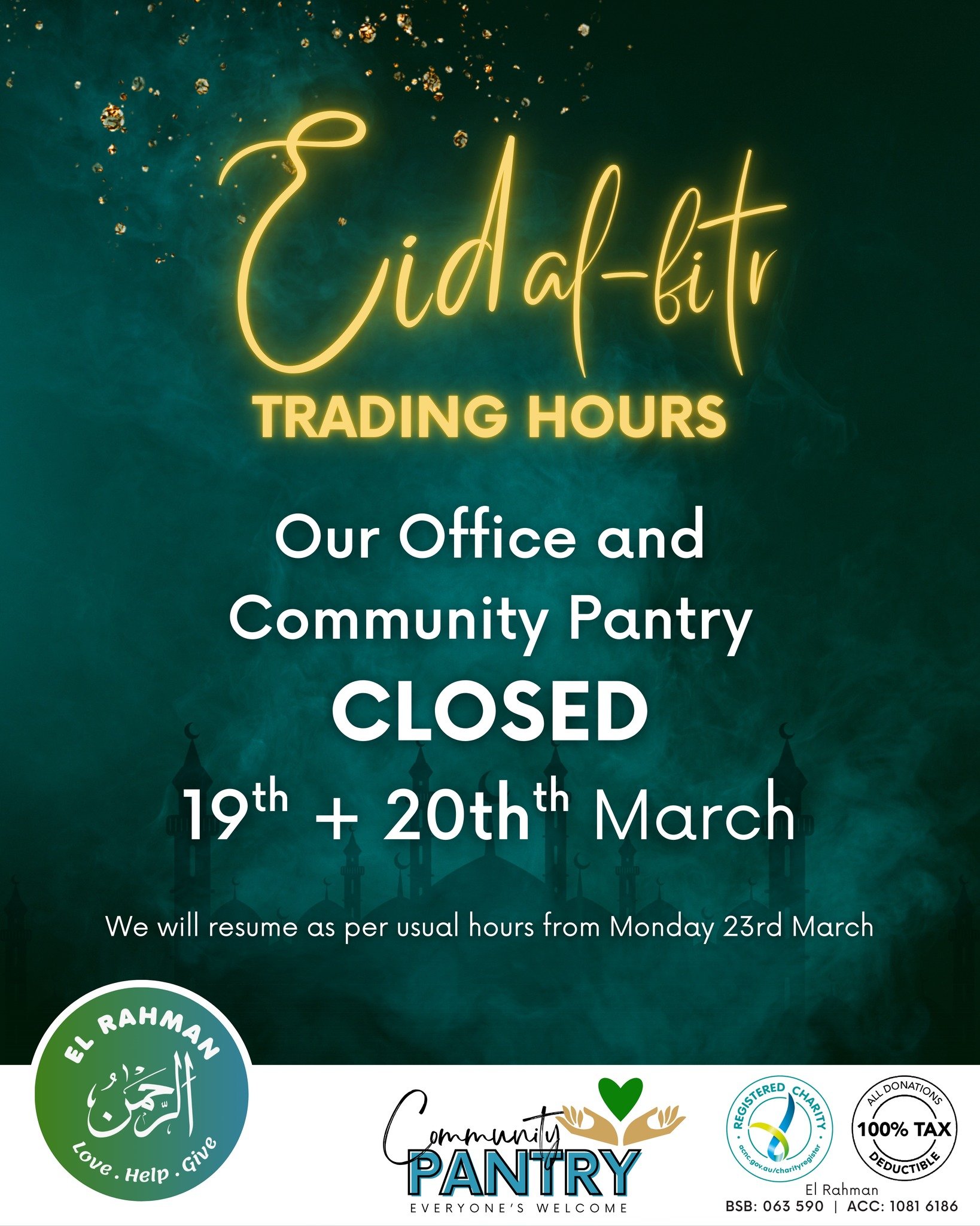 Eid Trading Hours:
Our Office and Community Pantry are CLOSED 19th + 20th March for Eid

We will resume as per usual hours from Monday 23rd March.
We apologise for any inconvenience caused and hope to see you soon!

𝙃𝙊𝙒 𝙏𝙊 𝘾𝙊𝙉𝙏𝙍𝙄𝘽𝙐𝙏𝙀:
