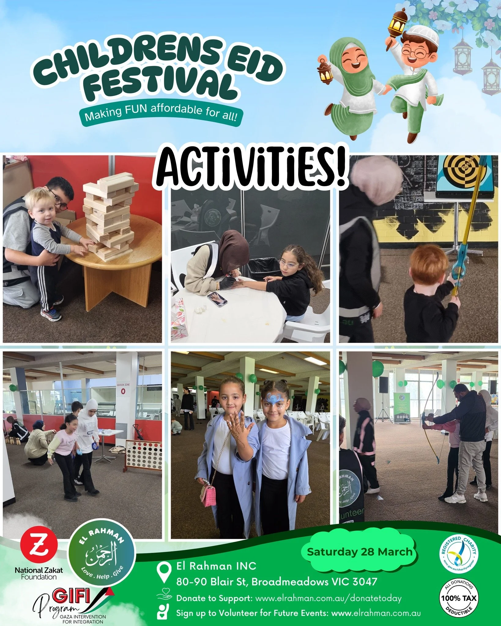 Thank you to all who attended our Eid event last Saturday, and to everyone who has supported us over the years. 

We have a small indoor Eid Festival to help make Eid special for our clients, having heaps of fun activities, henna, face painting, bump