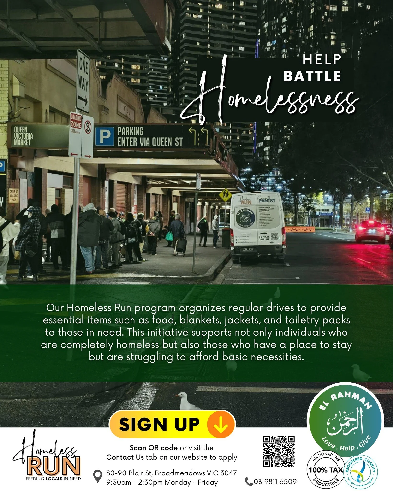 Want get involved and help feed the less fortunate?

Where: Franklin St, near Queen VIC Market
When: 6pm Tuesdays (except the first Tuesday of each month)
Why: because we're human.

𝙃𝙊𝙒 𝙏𝙊 𝘾𝙊𝙉𝙏𝙍𝙄𝘽𝙐𝙏𝙀:
💚 𝗚𝗲𝘁 𝗶𝗻𝘃𝗼𝗹𝘃𝗲𝗱 &amp; ?