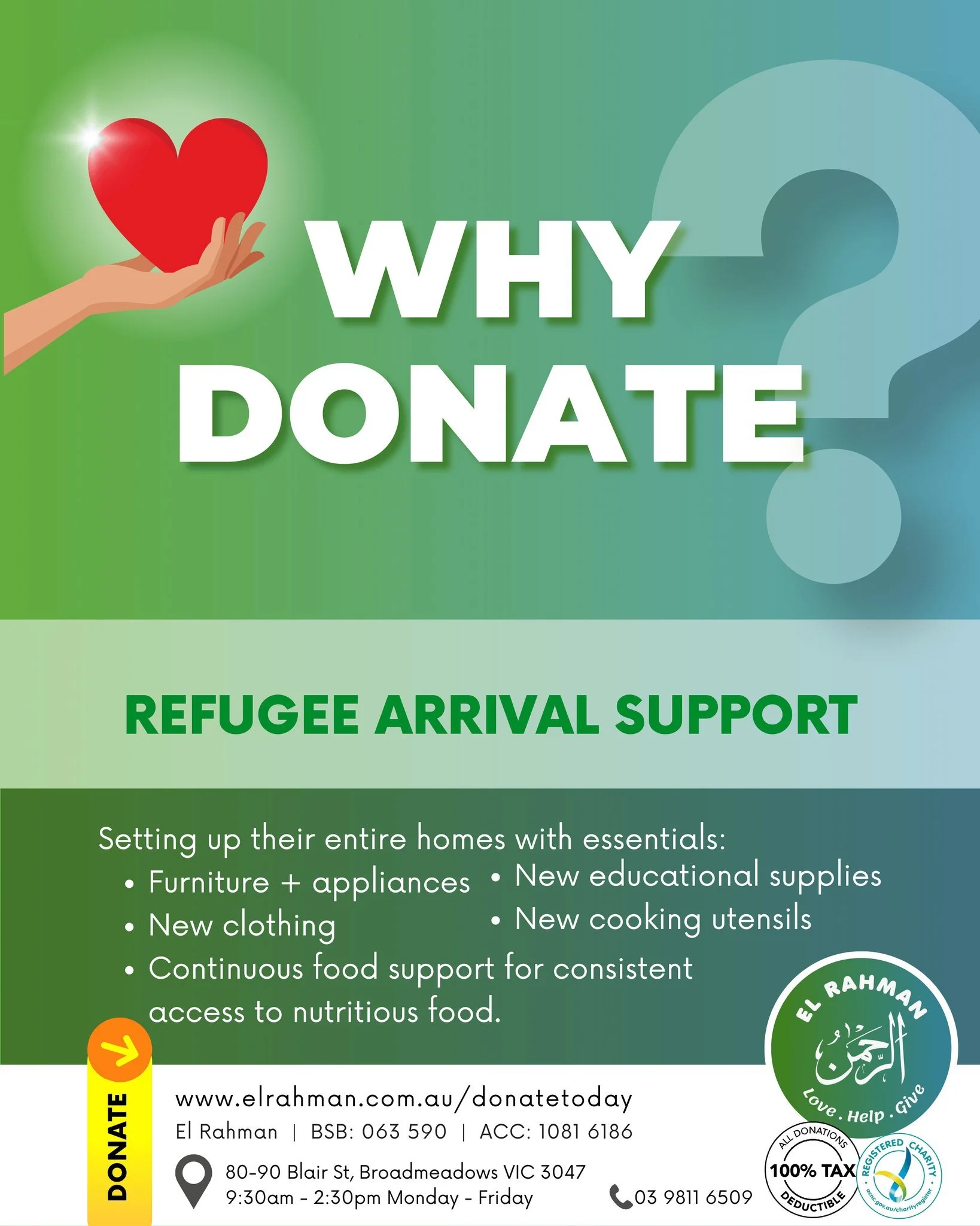 Your generous donations help create a welcoming environment through setting up their entire homes with essentials; This includes everything from furniture and appliances to appropriate clothing, educational supplies, cooking utensils, and if availabl