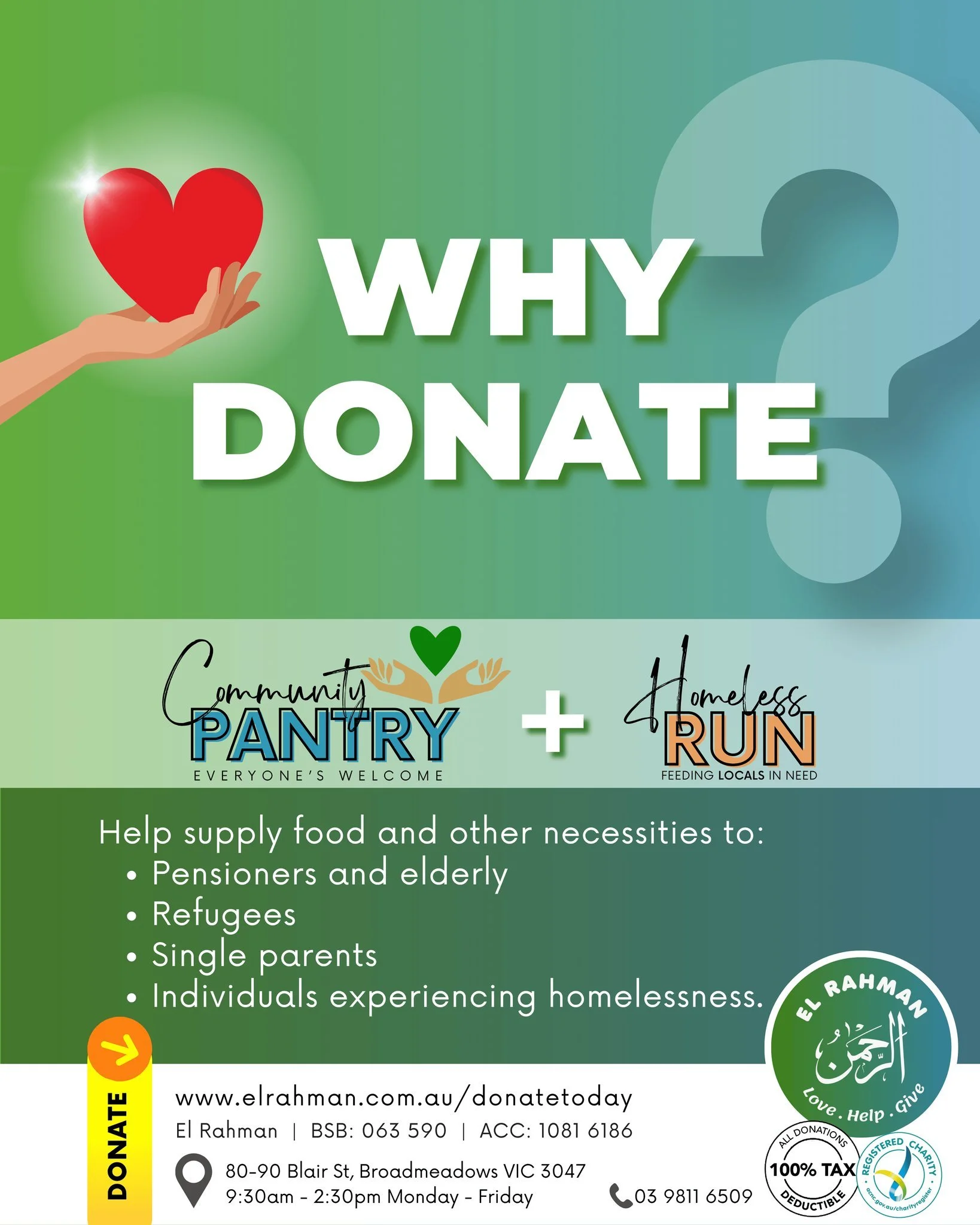 Donations play a crucial role in supplying food and other necessities to community members in genuine need. This includes pensioners and the elderly, refugees who are currently unable to work legally, single parents struggling to make ends meet, &amp