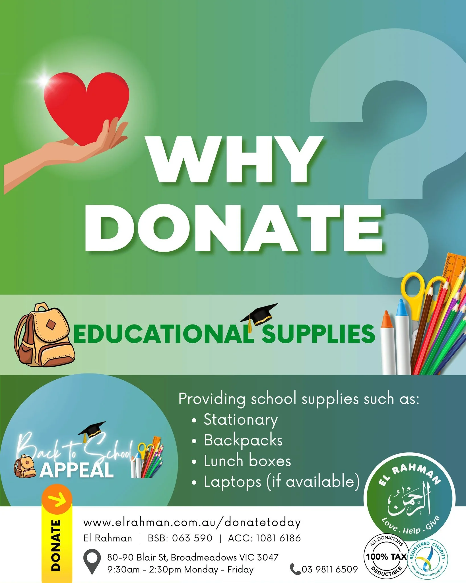 As we all know, school packs and other general educational products and supplies come at a cost. We aim to provide much needed financial relief to disadvantaged families.

To donate directly toward this project, visit us in office or donate online: w