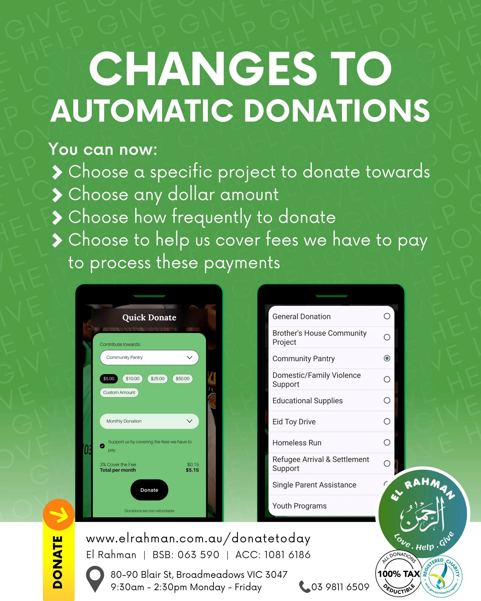 Exciting new changes to our website!
You can now:
- Choose a specific project to donate towards
- Choose any dollar amount
- Choose how frequently to donate
- Choose to help us cover fees we have to pay to process these payments

More updates coming 
