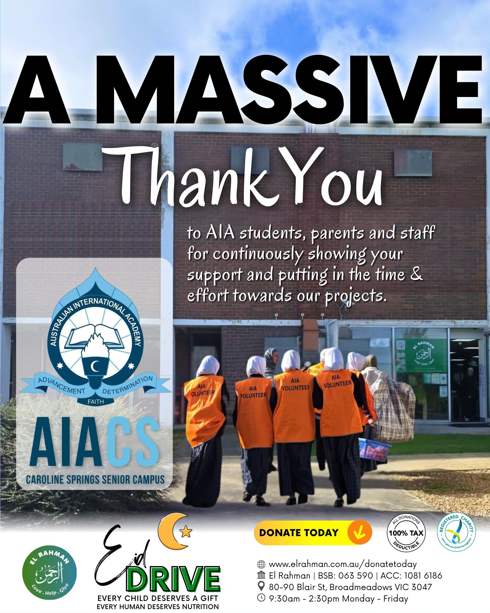 A massive Thank You to all AIA students, parents and staff for continuously showing your support and putting in the time &amp; effort towards our projects.

Your support makes a massive positive impact on our clients and our community. 

𝙃𝙊𝙒 𝙏𝙊 