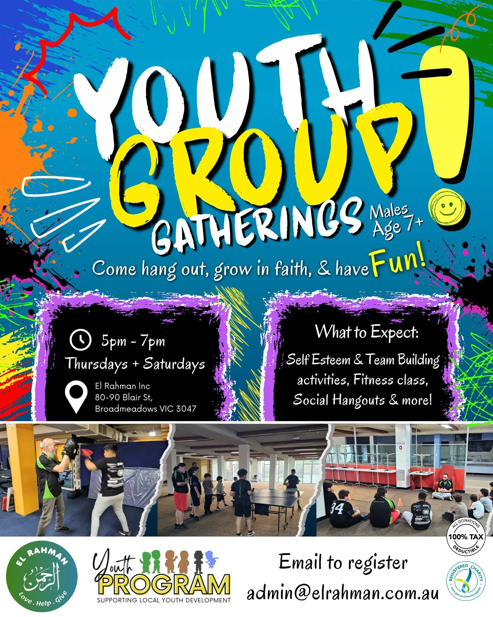 We're excited to introduce our new Youth Program Activities, with team building activities, fitness classes, social hangouts &amp; more to come!

Boys Youth Groups:
📍 El Rahman Inc: 80-90 Blair St, Broadmeadows VIC 3047
📅 Thursdays &amp; Saturdays 