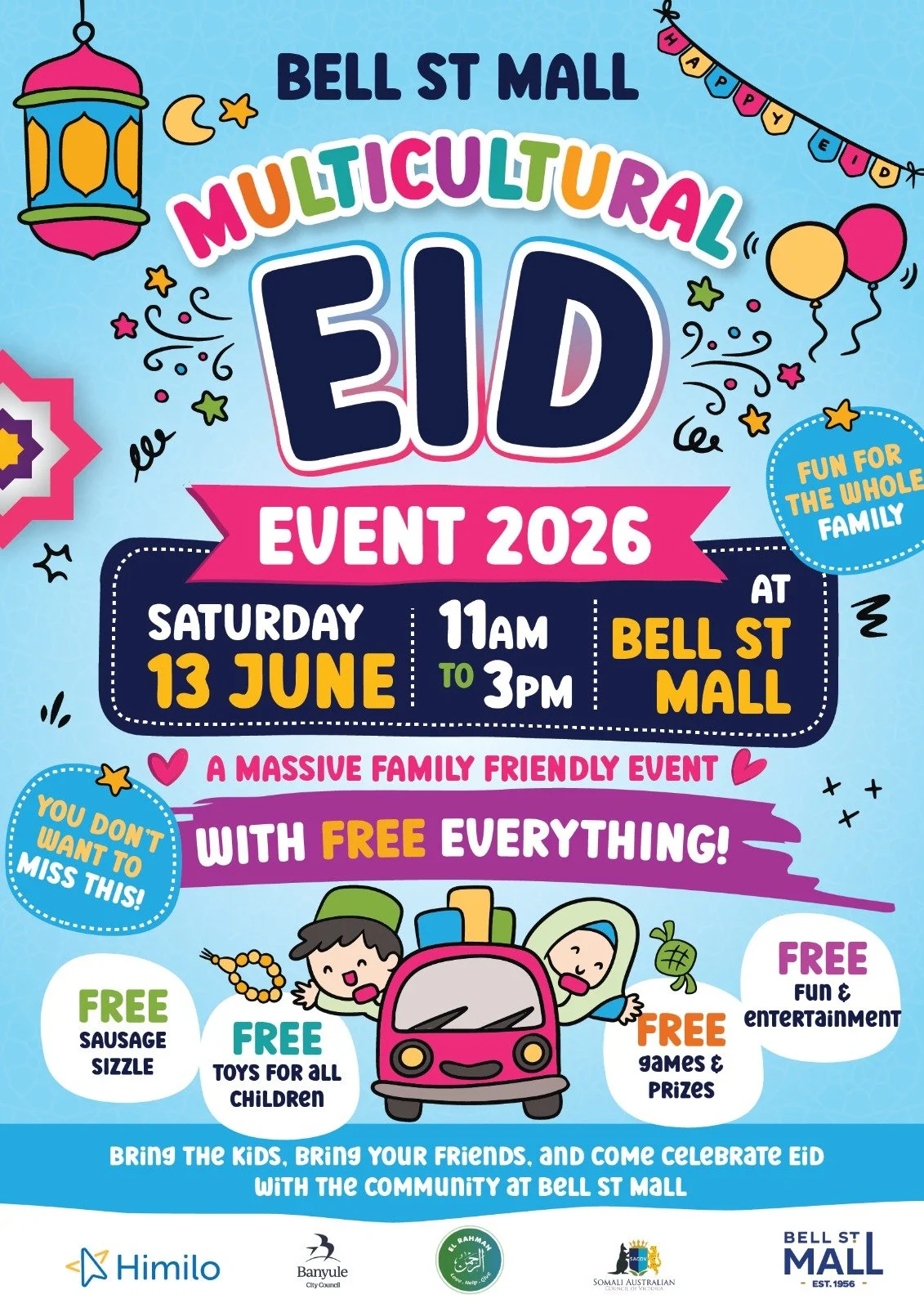 Join us on Saturday 13th June for a MASSIVE Family friendly Multicultural Eid Event with a sausage sizzle, toys, games &amp; prices, henna, fun &amp; entertainment for all!!!

📍 Bell St Mall
Oriel Road &amp;, Bell St, Heidelberg West VIC 3081
📅 Sat