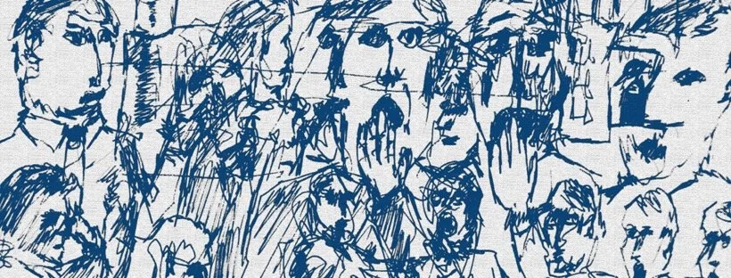 A group of people, sketched in a loose, expressive style in blue ink, standing close together, with some covering their mouths or faces with their hands.