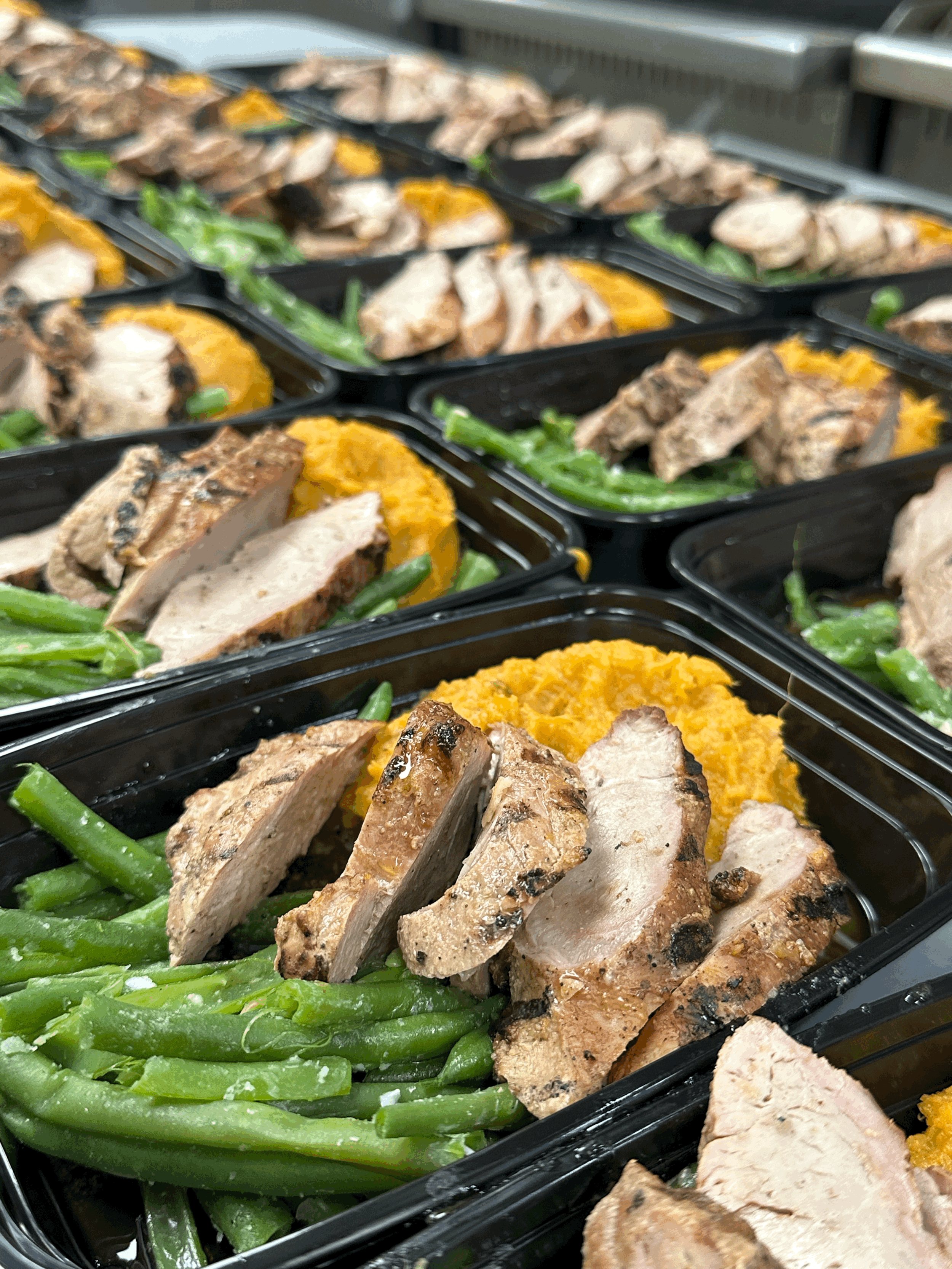 Row of meal prep containers filled with chicken fried rice topped with green onions.