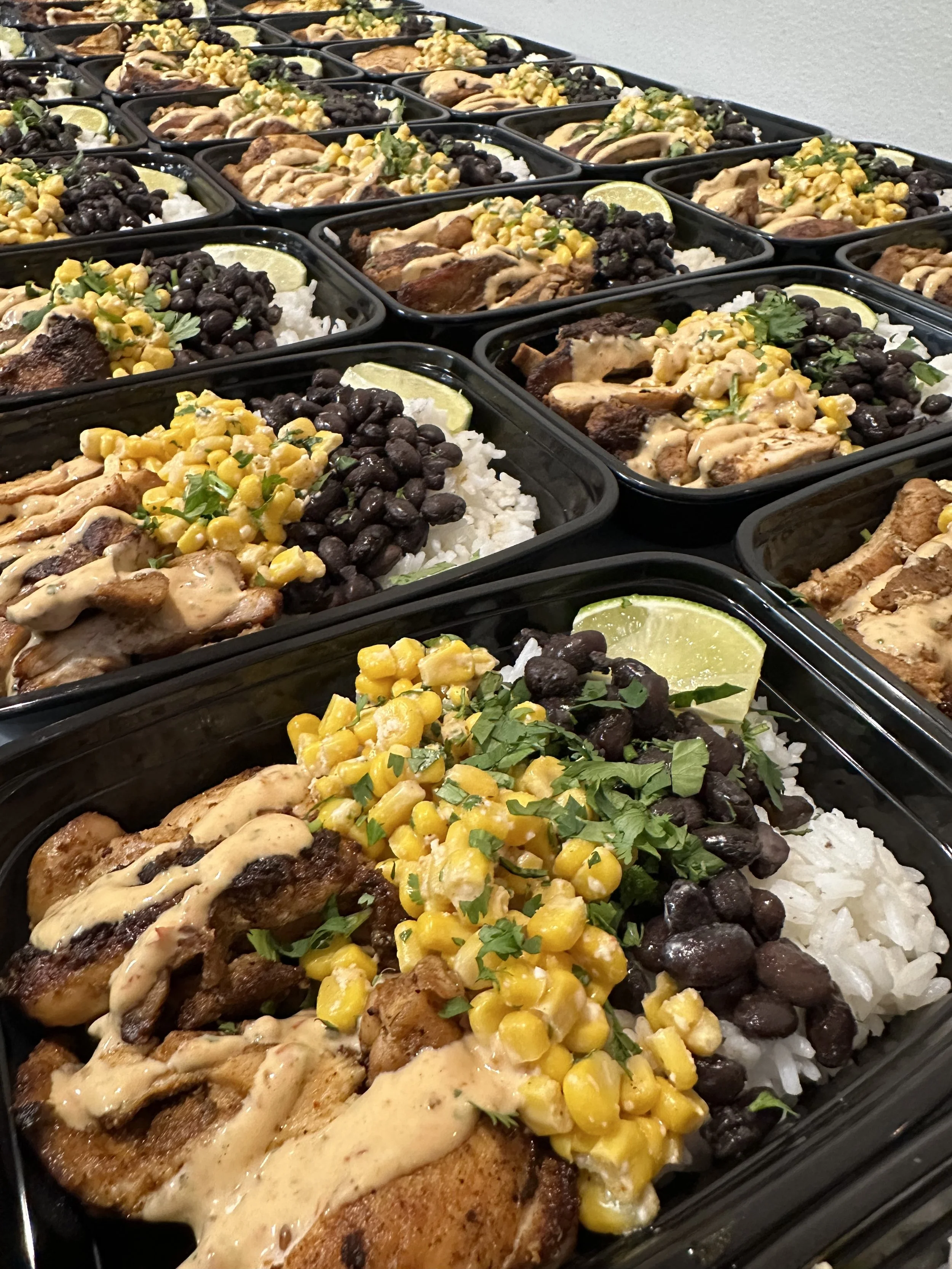 Row of meal prep containers filled with chicken fried rice topped with green onions.