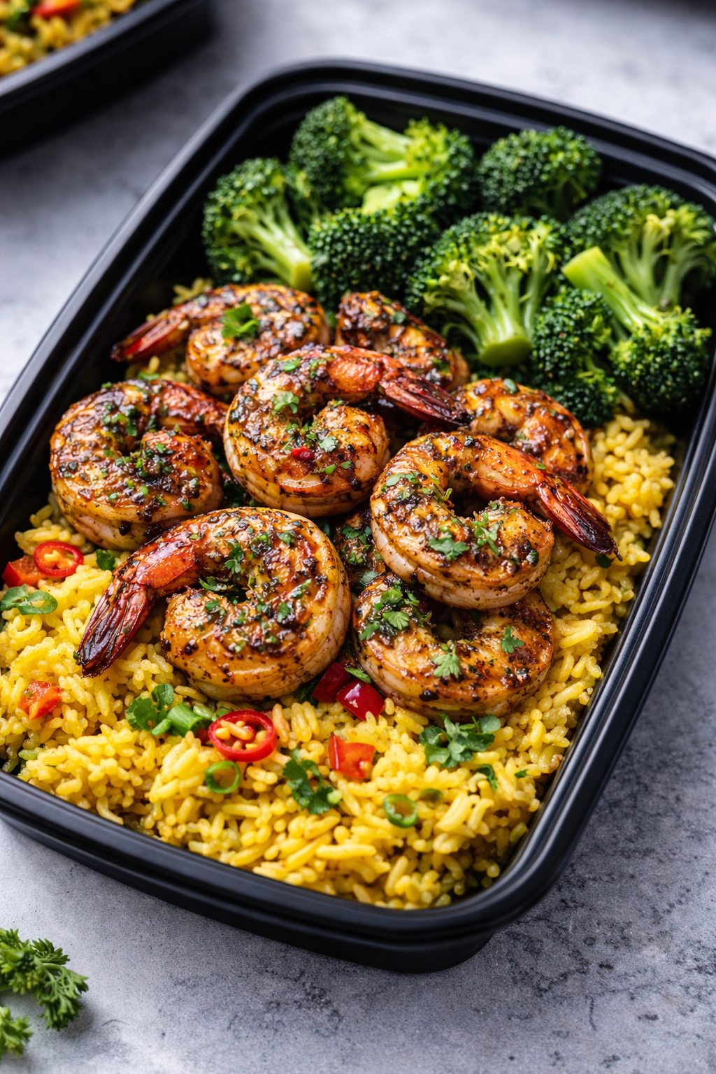 Row of meal prep containers filled with chicken fried rice topped with green onions.