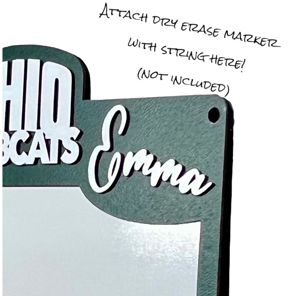 Ohio University Bobcats personalized Dorm Door Decor showing hole to hang pen or chalk from string (string/pen/chalk not included