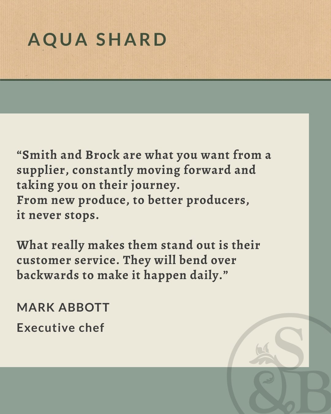 It&rsquo;s always a pleasure working with the brilliant team at Aqua Shard. Over the years we&rsquo;ve built a strong and genuine relationship with Executive Chef Mark Abbott and his colleagues, based on trust, understanding, and a shared commitment 