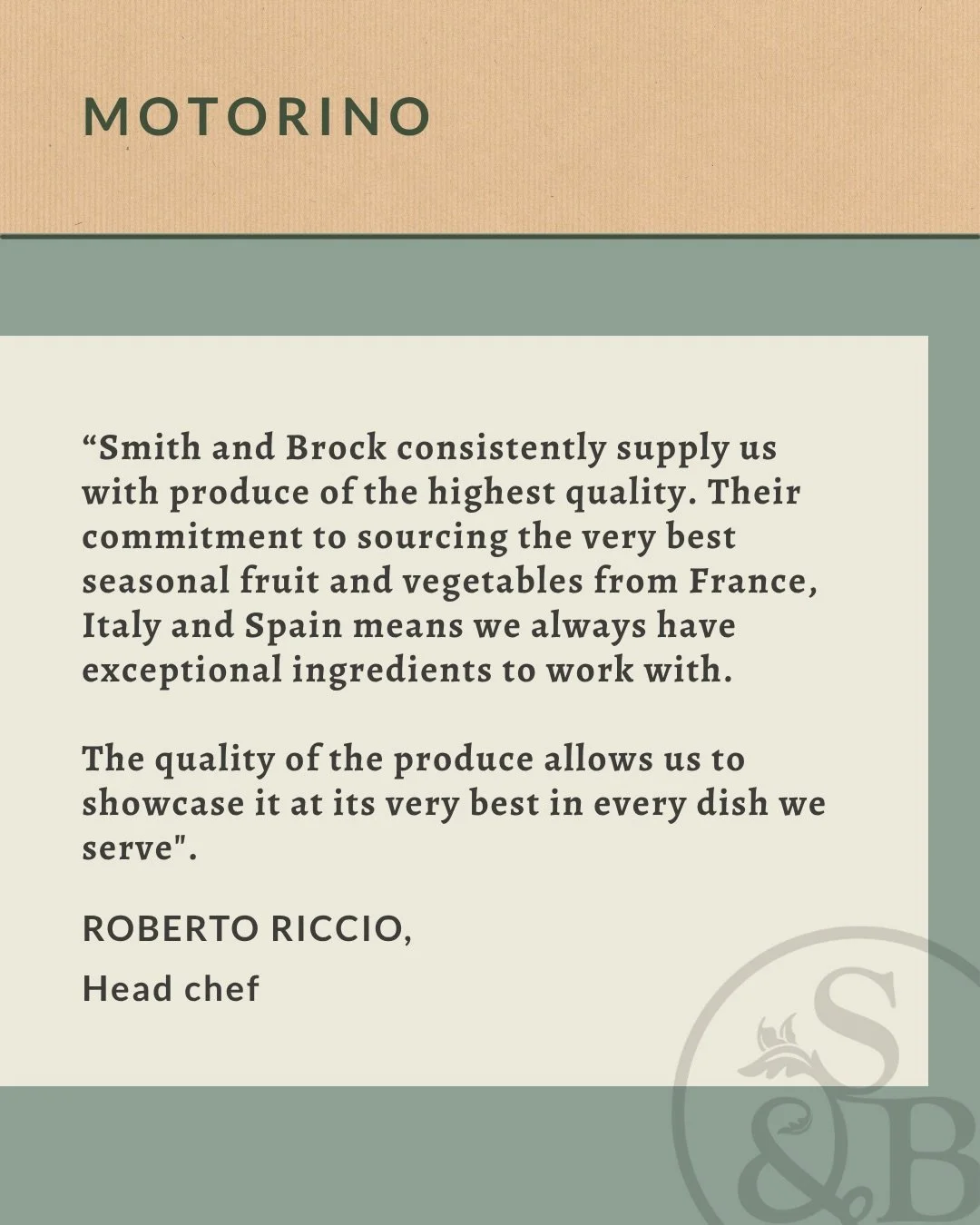 We are proud to supply fresh produce to Motorino, one of Fitzrovia&rsquo;s standout neighbourhood restaurants, celebrated for its ingredient-led cooking and warm hospitality. 

Our longstanding relationship with Chef Rob and Chef Luke Ahearne, former