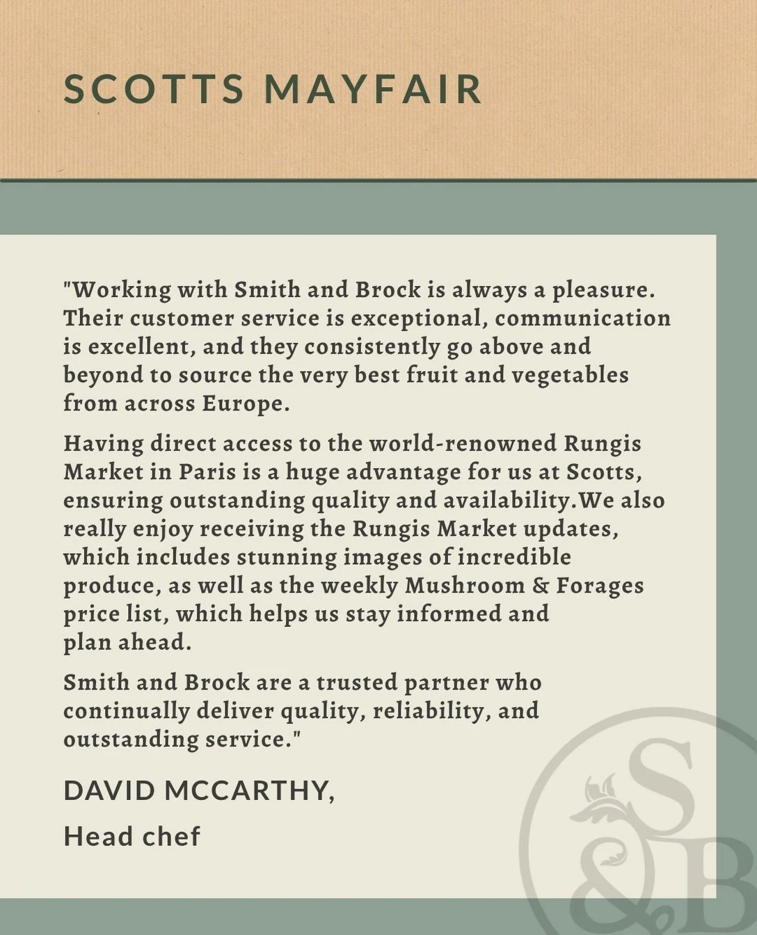 With over 20 years of partnership between our Account Manager Chloe and the Scott&rsquo;s team, we&rsquo;re delighted to be supplying Scott&rsquo;s Mayfair, a true London dining institution.

Tim and David are hugely talented chefs who genuinely care