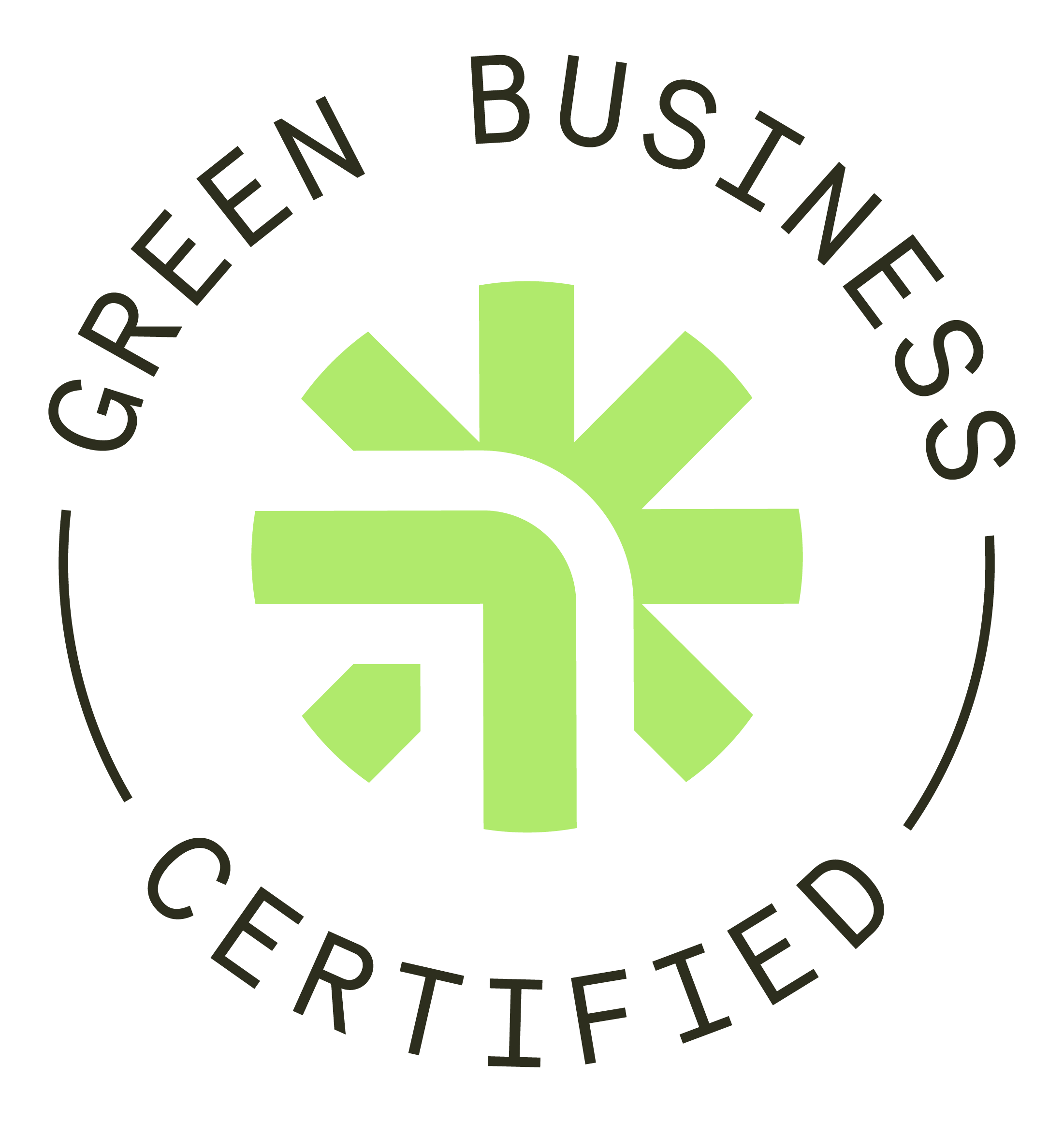 Green arrow pointing downward with text around it that reads "GREEN BUSINESS CERTIFIED'