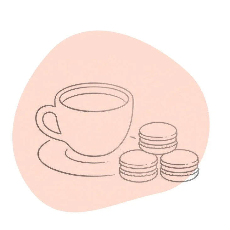 Une illustration minimaliste d'une tasse de café ou thé sur une soucoupe, accompagnée de trois macarons