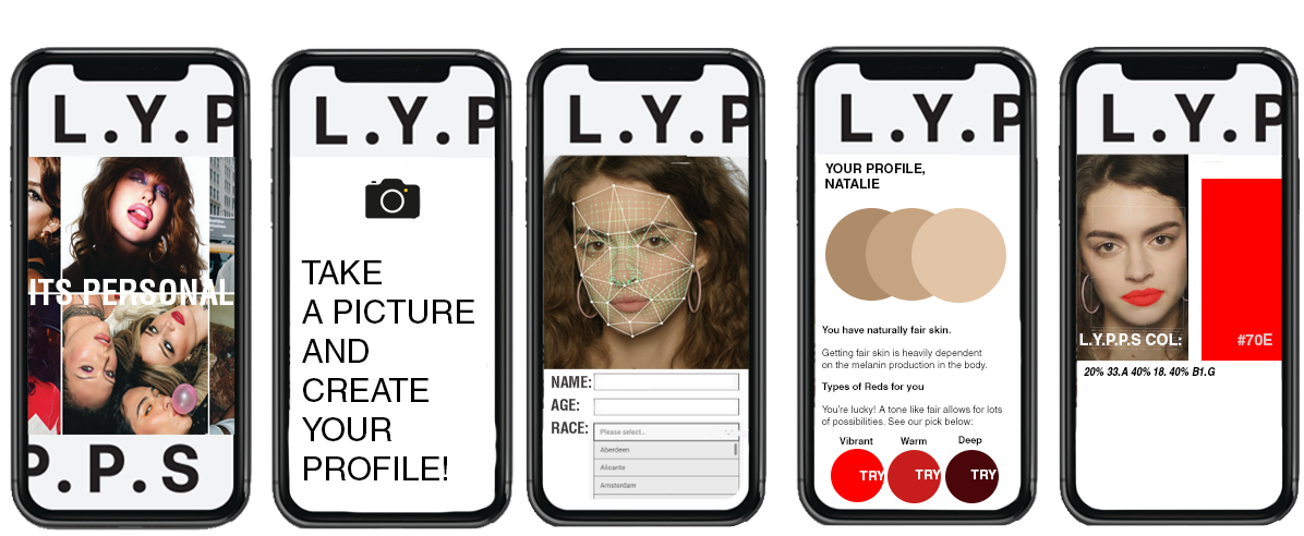 Five smartphones displaying a beauty app interface with profile creation, photo capture, skin tone analysis, and color profile features.
