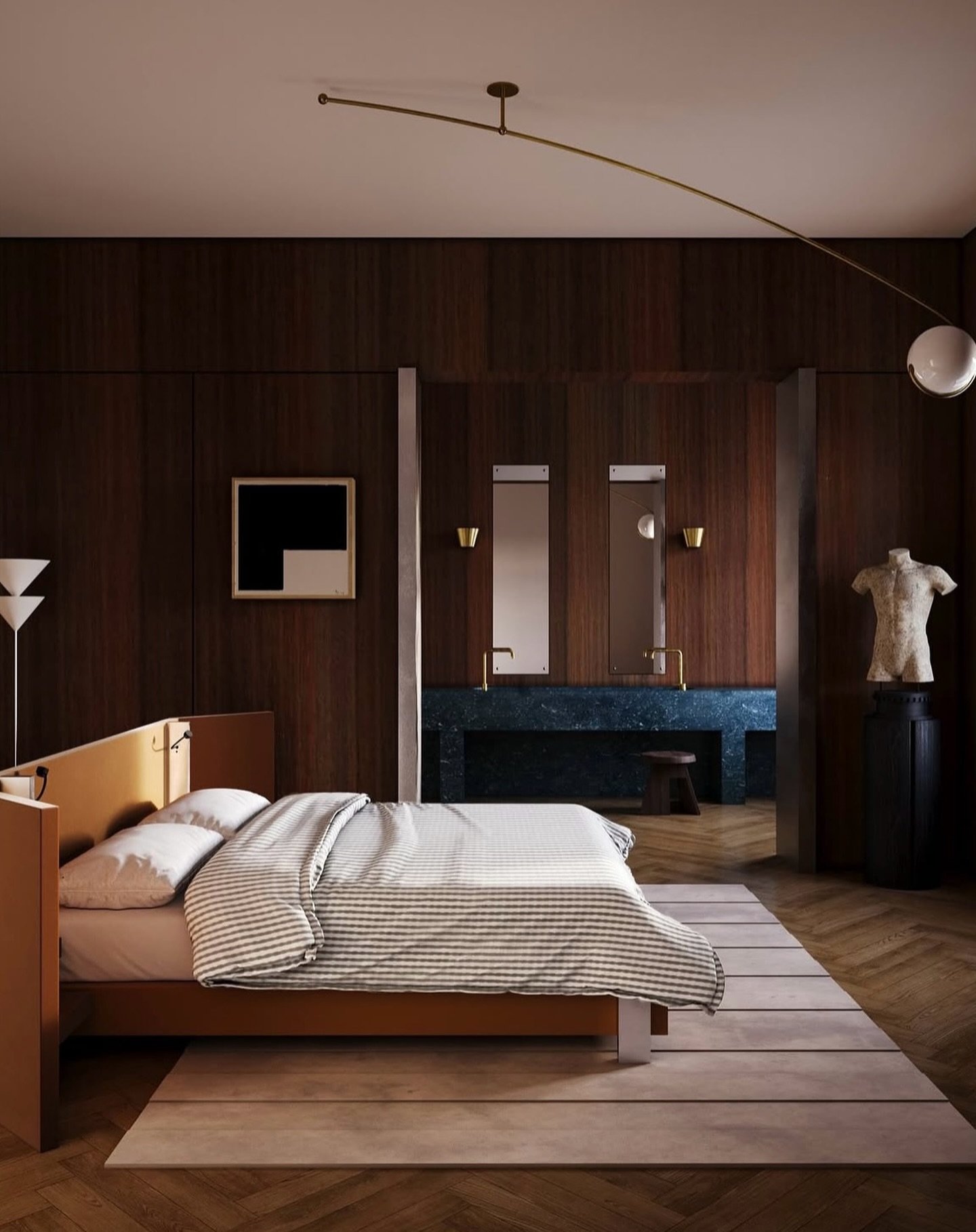 A sophisticated and handsome primary bedroom with midcentury lines and a hint of Deco charm.