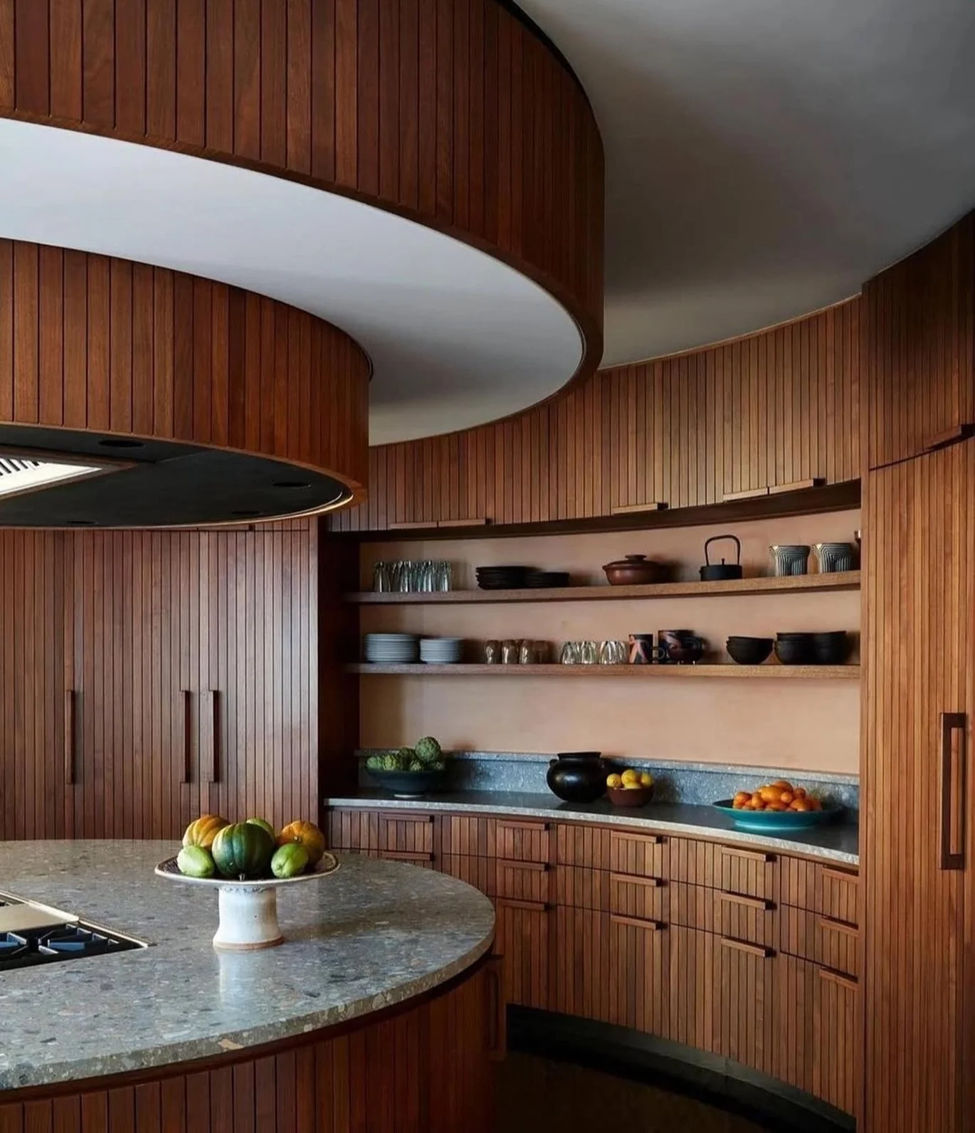 I&rsquo;ve admired round kitchens since first experiencing one in Palm Springs at Elvis and Priscilla&rsquo;s &lsquo;Honeymoon Hideaway.&rsquo; This is a modern evolution of that rare midcentury concept. Warm, sculptural, and perfectly functional.
