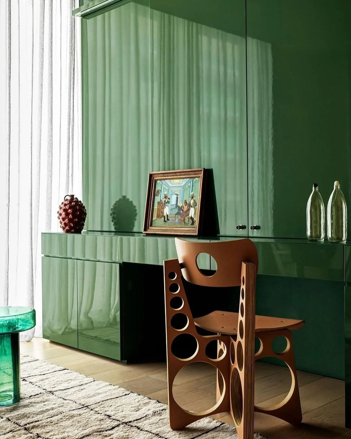 From the green lacquered millwork to the &lsquo;Shop&rsquo; chair by Tom Sachs, Charlap Hyman &amp; Herrero created what feels like a modern Ozian flat in Emerald City. Whimsical yet impeccably composed.