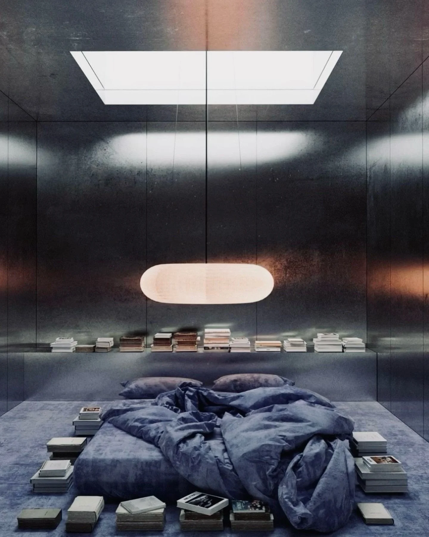 Low light, heavy materials, books stacked within reach. Less bedroom, more retreat, effortlessly cool.