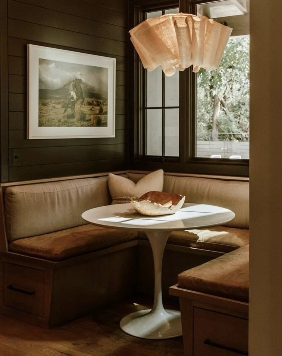 The perfect breakfast nook featuring one of my favorite sculptural pendants by PINCH.