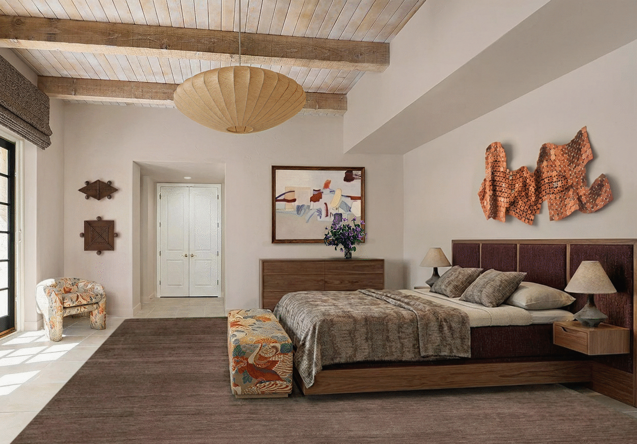 Mid-century Palm Springs bedroom featuring exposed wood beams, upholstered bed, vintage Vladimir Kagan tripod chairs in chinoiserie fabric, layered neutral textiles, and warm desert tones creating an organic modern retreat.