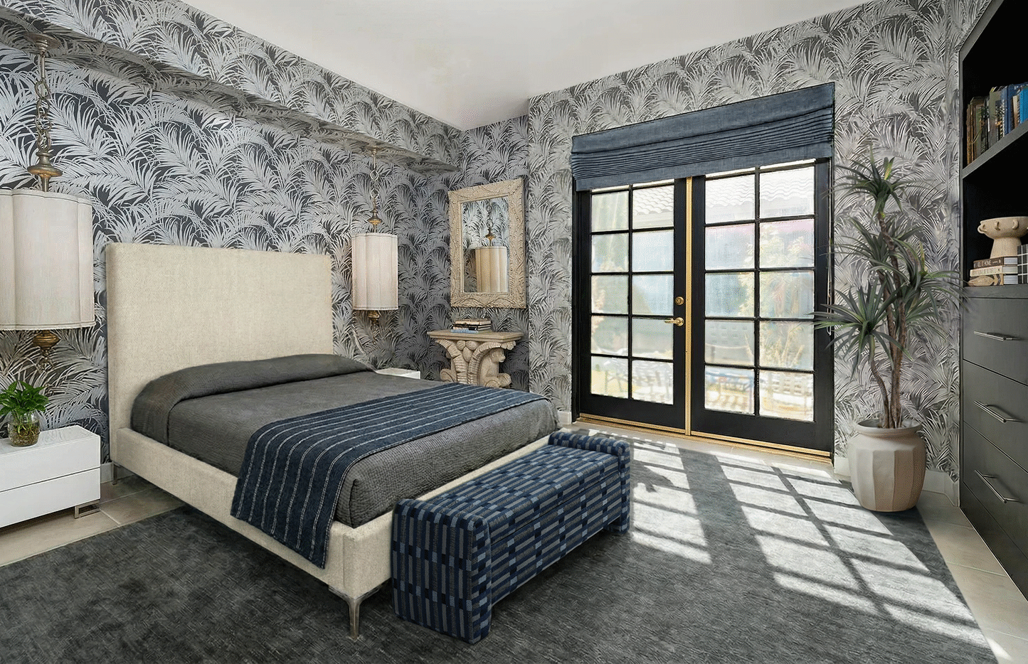 Palm Springs guest bedroom with palm-print wallpaper, upholstered bed, black French doors, layered blue textiles, and modern desert interior styling.
