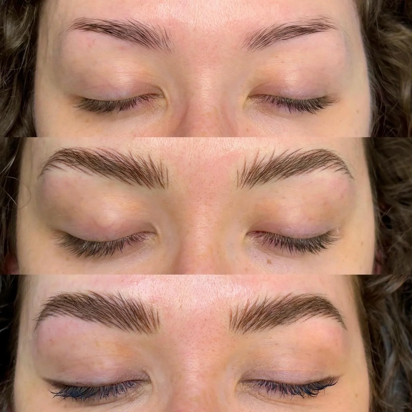 1. Bare brows 2. First session 3. Second session 
Building up density and texture for these fluffy brows one step at a time. #nano