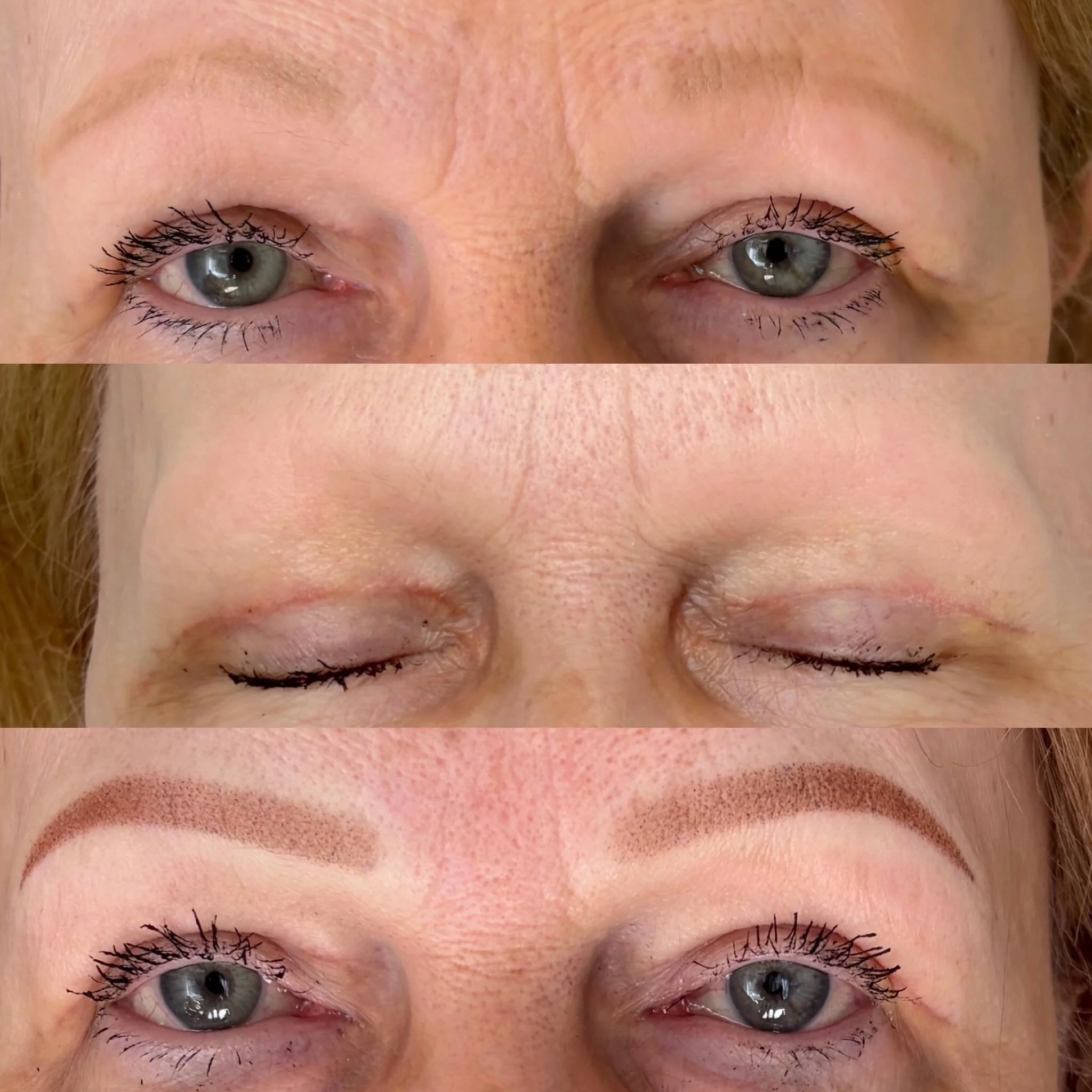 Powder brows 
1. Makeup 2. Bare brows 3. Freshly tattooed

After a consultation we decided that powder brows would suit my client best as they&rsquo;re ideal for sensitive skin and they tend to fair best as time goes on. We built pigment slowly, aimi