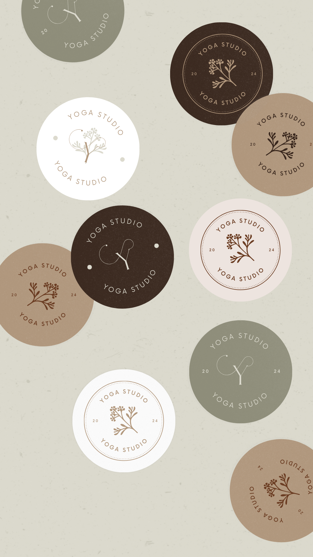 A collection of circular logo stickers for a yoga studio, with each sticker featuring a branch illustration and the text 'YOGA STUDIO' and 'YOGA STUDIO 2024' in various shades of brown, beige, white, and green.