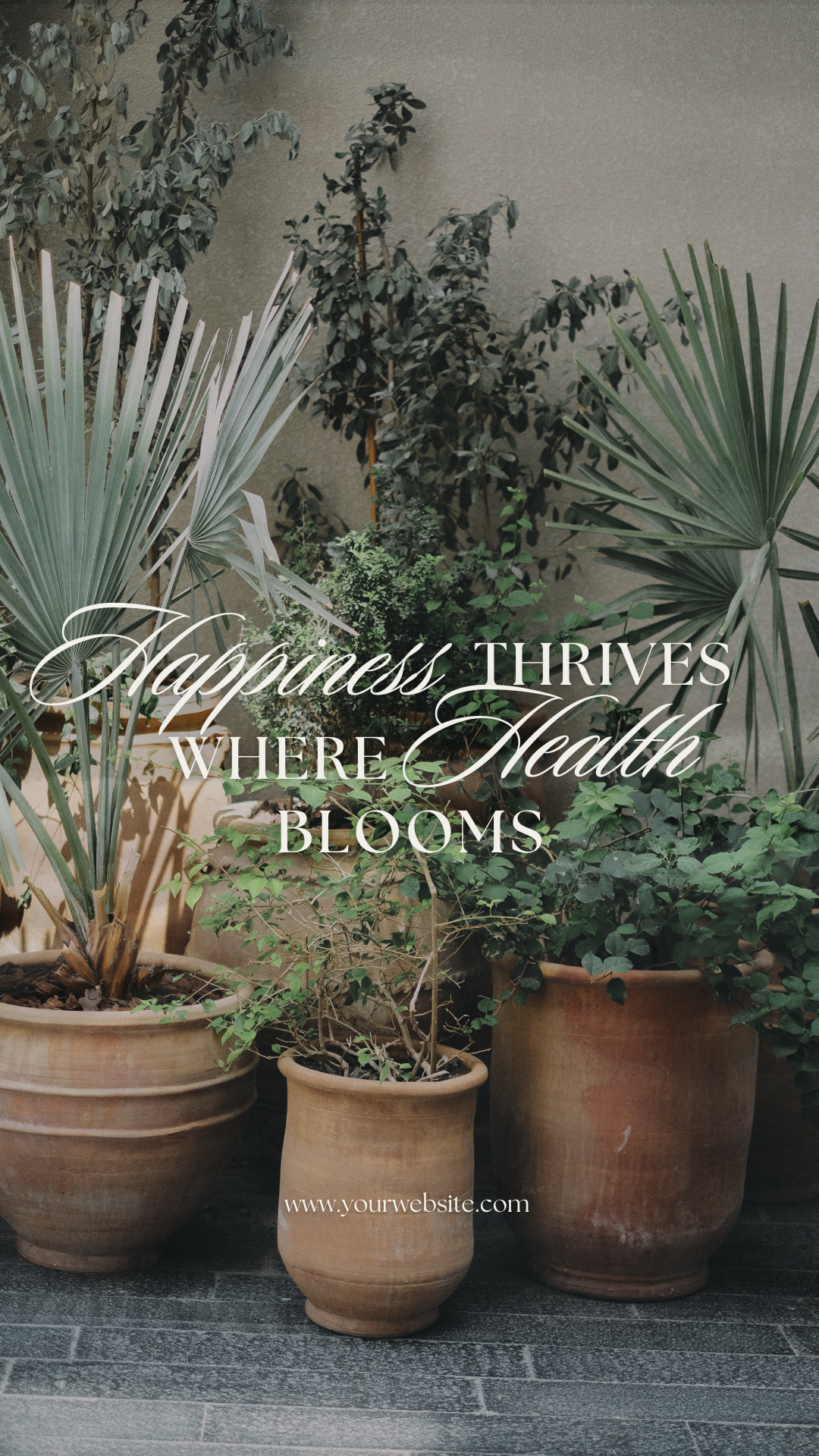 Plant pots with green leafy plants in front of a textured wall, with an inspirational quote overlay that reads, 'Happiness thrives where health blooms.'