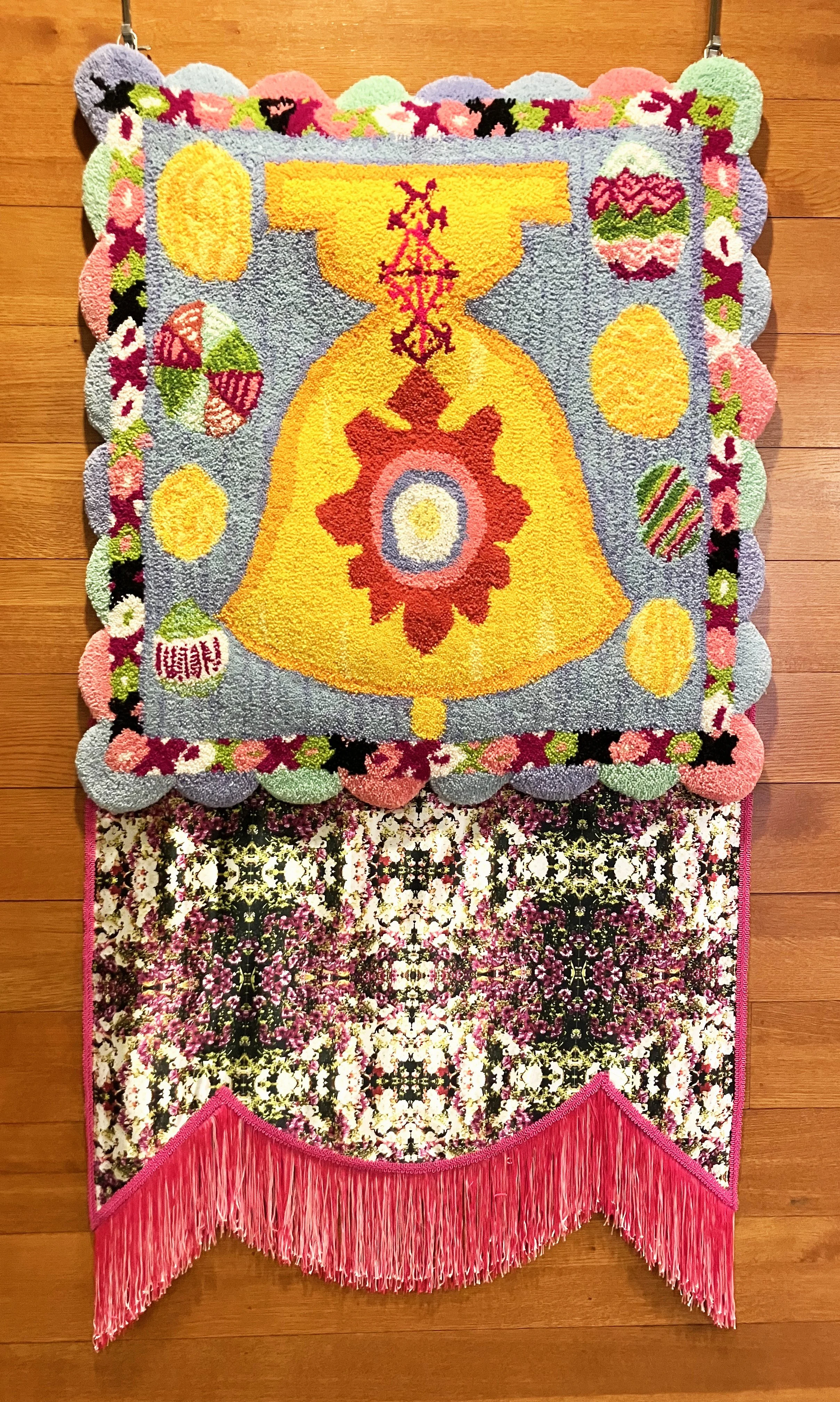Spring Equinox/Ostara
May we continue making art as a sign of hope for a new environmental era.

Machine tufted wool, my great-grandpa Constantine’s photo of his beloved flowers on satin, chainette fringe, gimp trim, glue, backing, hooks
