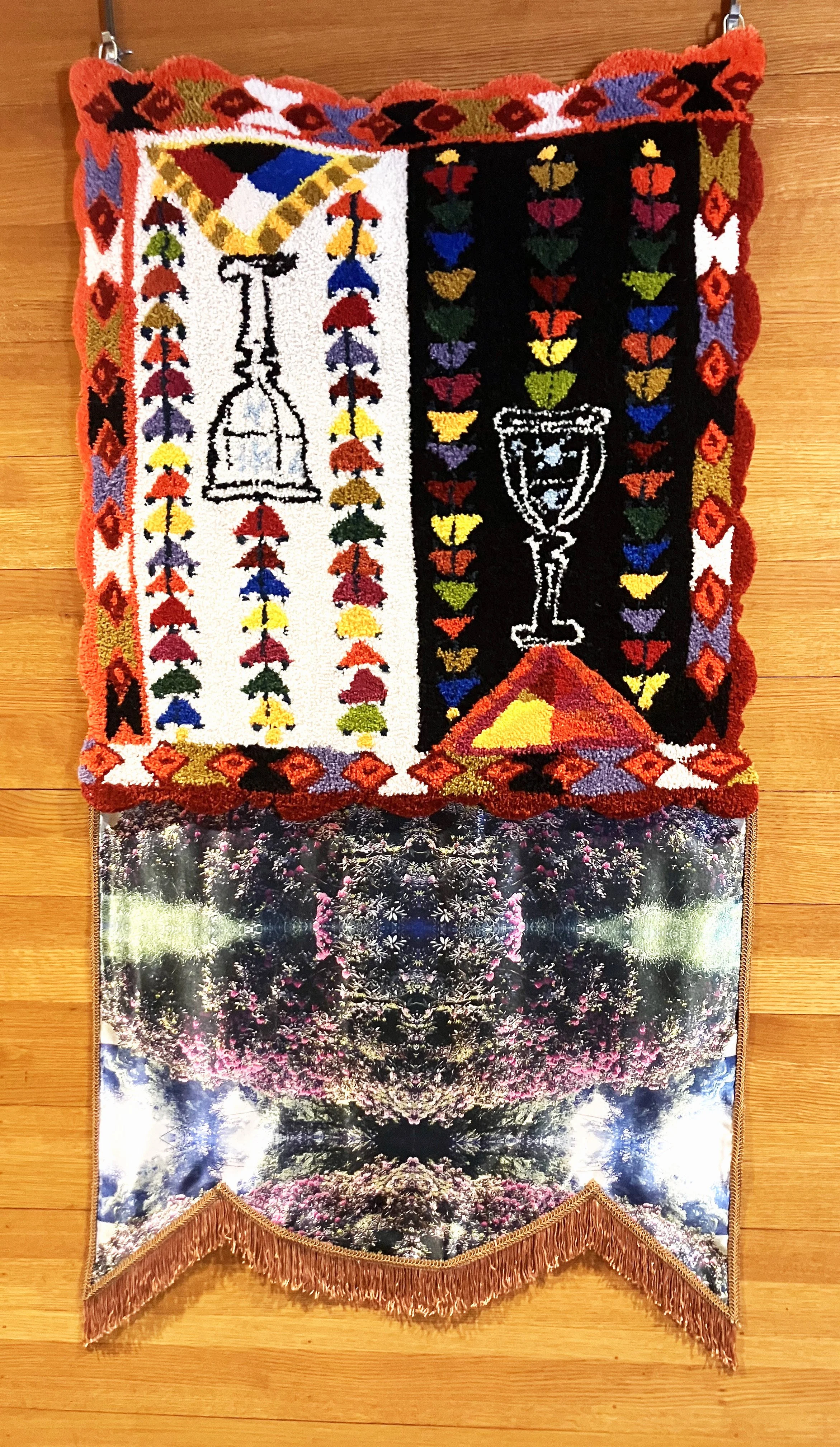 Autumn Equinox
May the planet rebalance and find equilibrium.

Machine tufted wool, some of it remnants from the rug industry, my great-grandpa Constantine’s photo of his beloved flowers on satin, vintage chainette fringe, vintage gimp trim, glue, ba