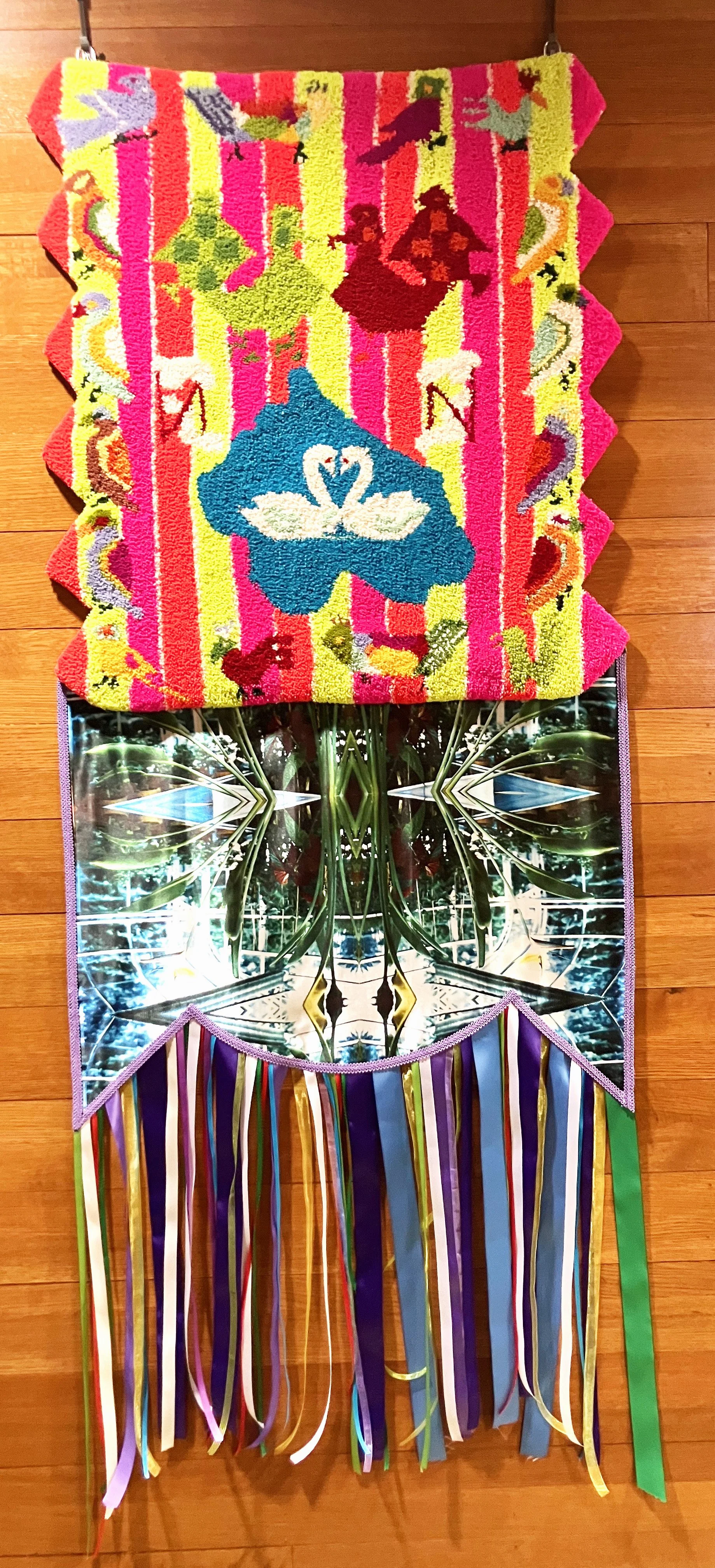 May Day/Beltane
May our planet remain protected by the otherworlds.

Machine tufted wool, some of it remnants from the rug industry, my great-grandpa Constantine’s photo of his beloved flowers on satin, deadstock ribbon, gimp trim, glue, backing, hoo