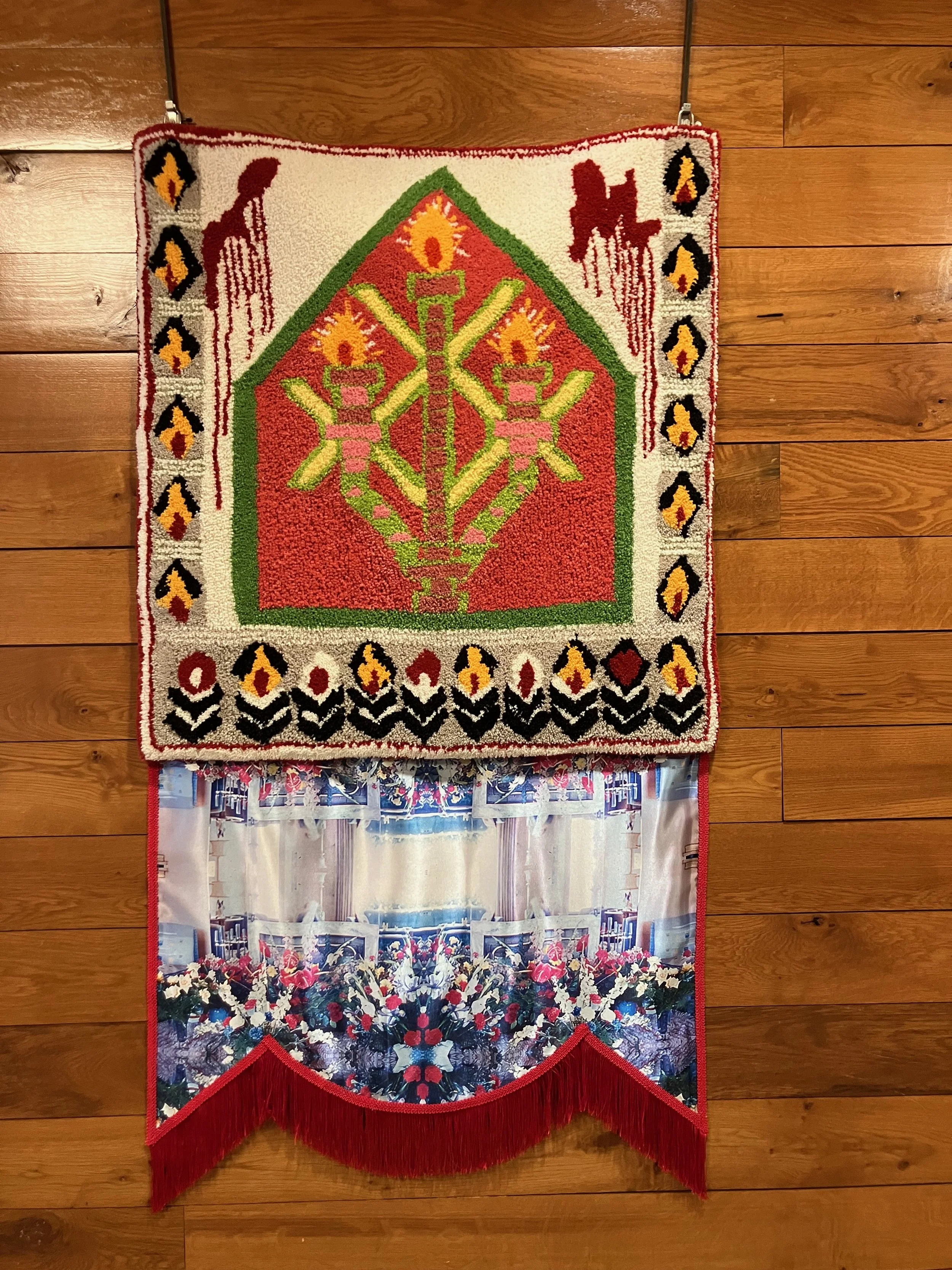 Candlemas/Imbolc
May we devote our resources toward creating a healthy world.


Machine tufted wool, some of it remnants from the rug industry, my great-grandpa Constantine’s photo of his beloved flowers on satin, chainette fringe, gimp trim, glue, b