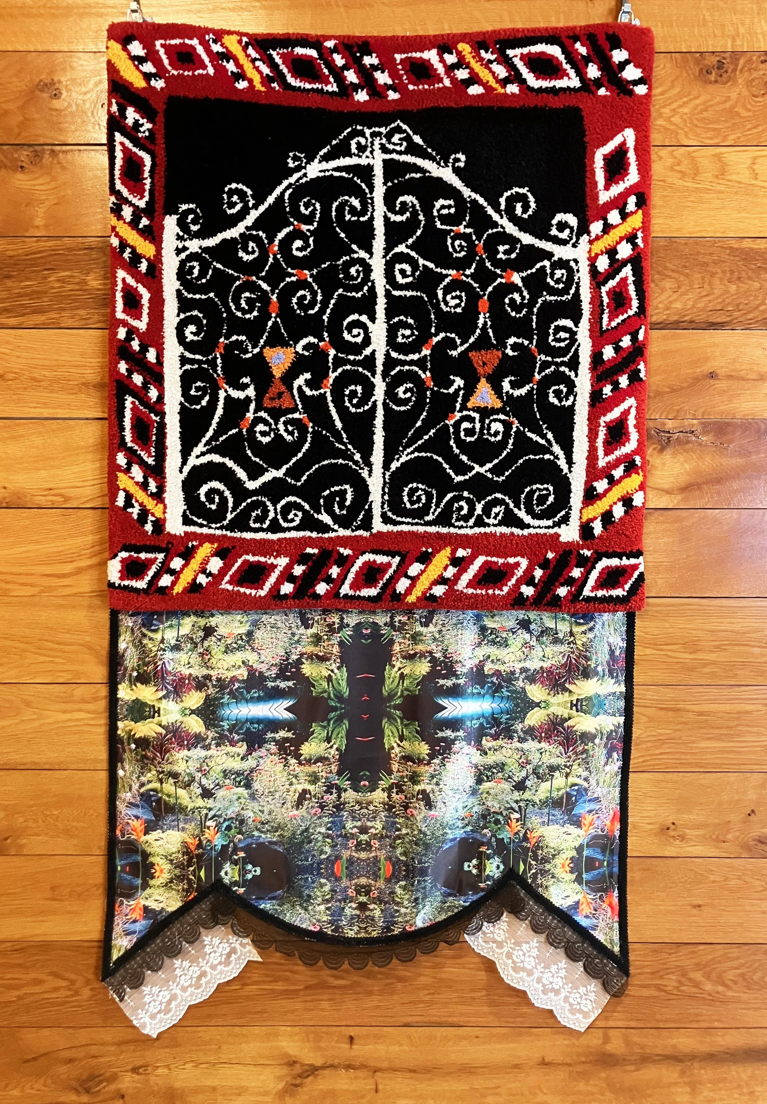 Samhain/Hallowmas
May we remember that our ancestors are in the air, earth, water and fire and treat them with care.

Machine tufted wool, my great-grandpa Constantine’s photo of his beloved flowers on satin, vintage lace, gimp trim, glue, backing, h