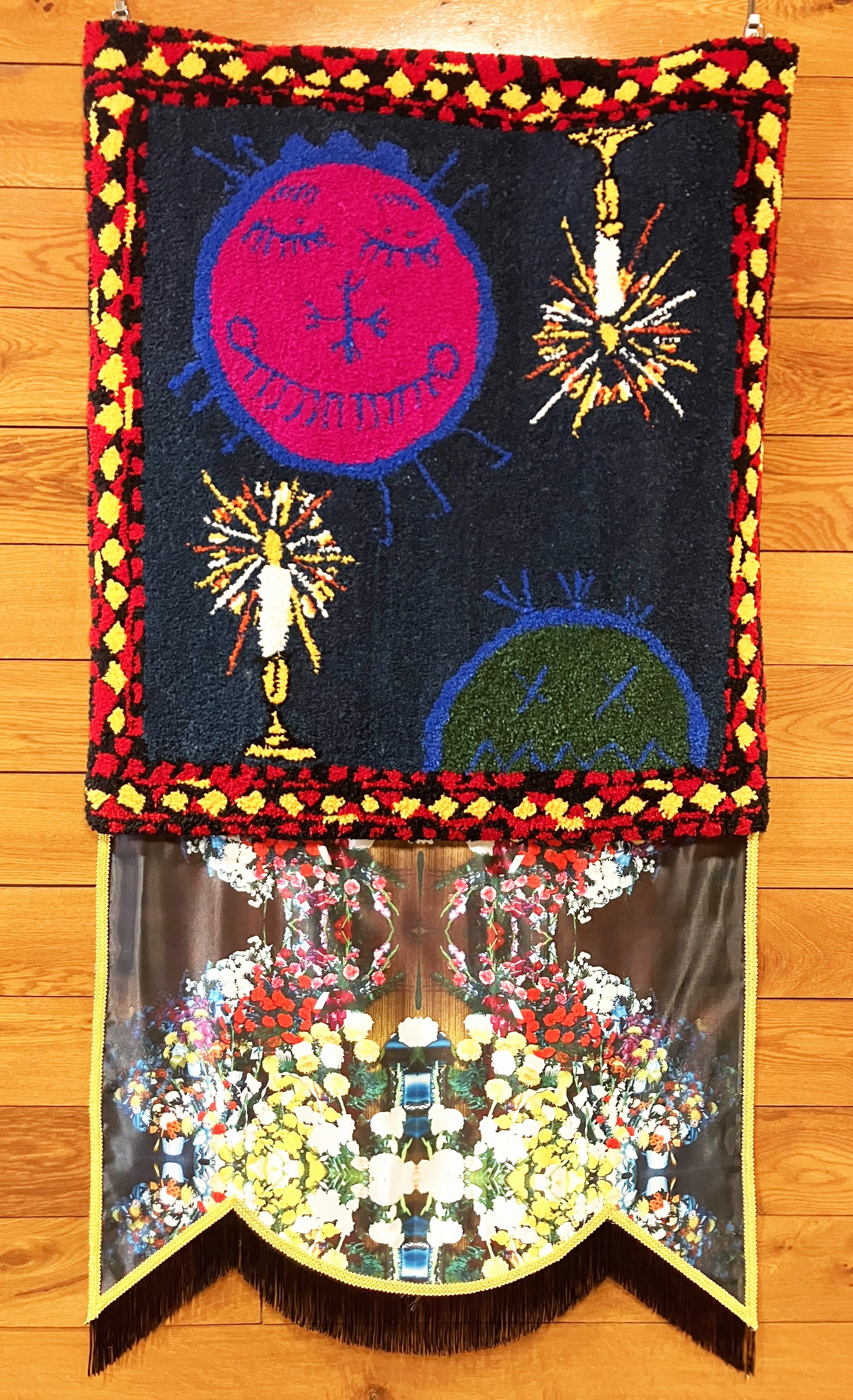 Winter Solstice/Yule/Saturnalia
May today’s sun die and a new one be born out of the darkness.

Machine tufted wool, my great-grandpa Constantine’s photo of his beloved flowers on satin, chainette fringe, gimp trim, glue, backing, hooks
