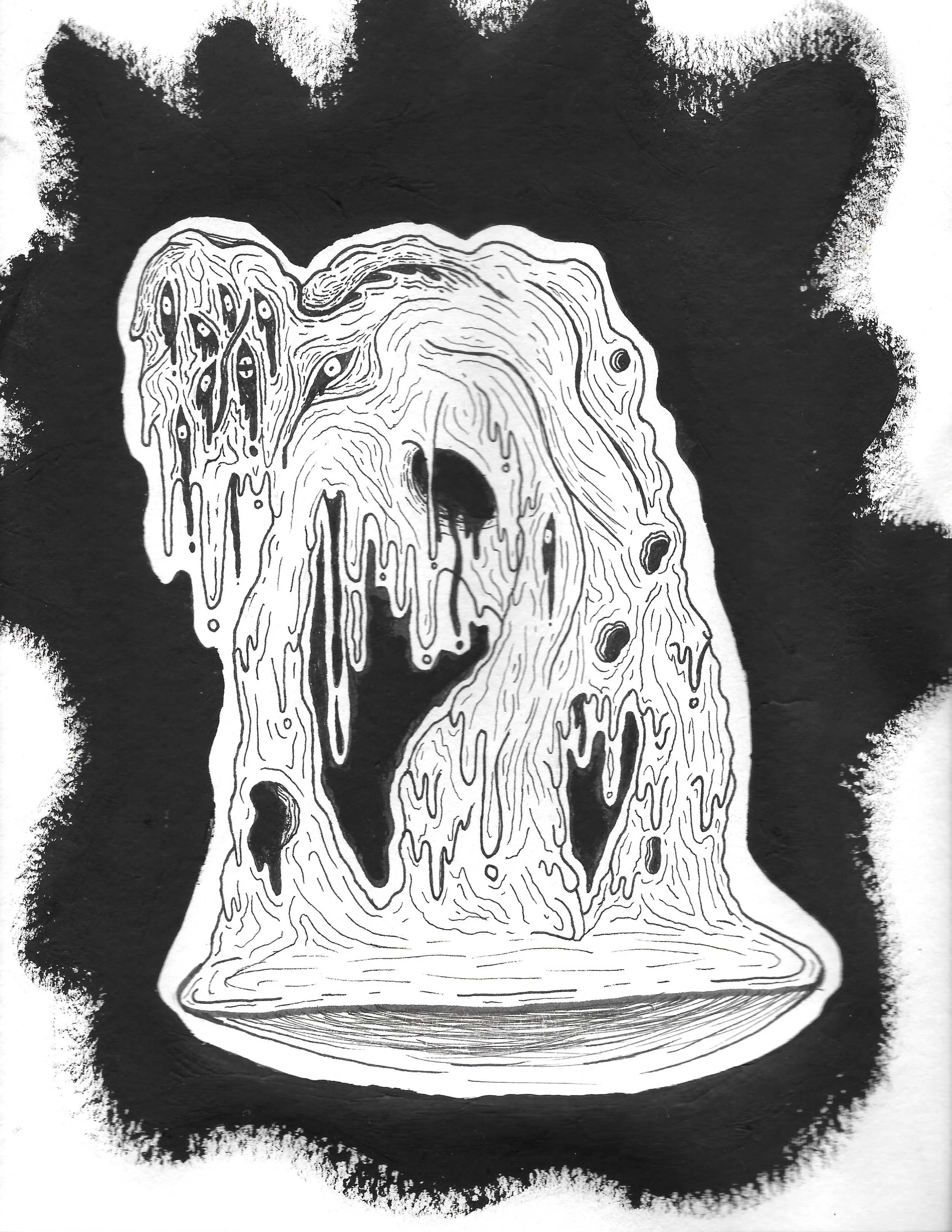 Oozing Vigilance, 2020, Ink, 9" x 12" Canvas Panel.-In Oozing Vigilance, an intriguing ink drawing on a canvas panel presents a mesmerizing portrayal of a monster-like being, alive with an unsettling allure. The creature is adorned with numerous eyes
