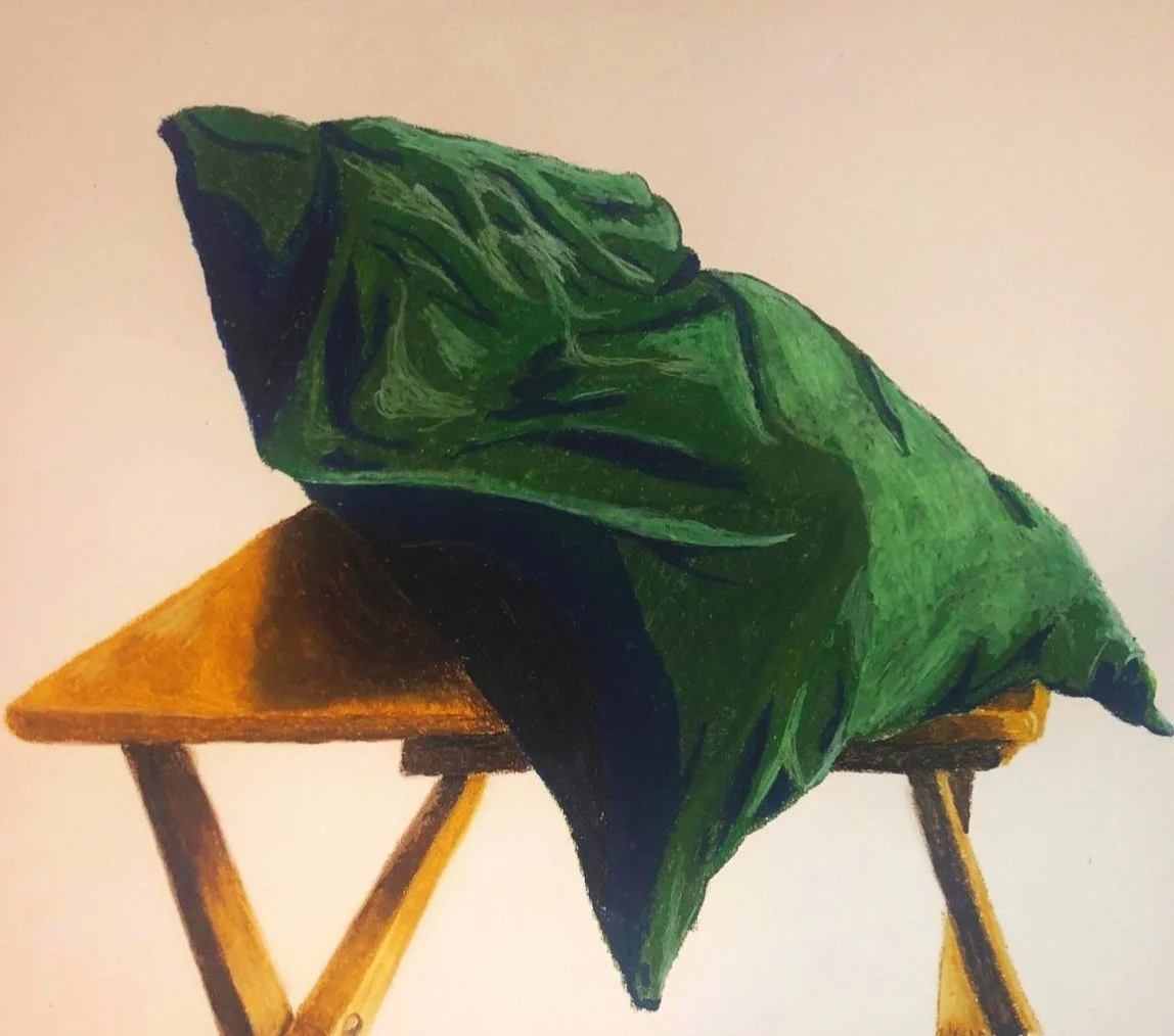 Resting Place, 2021, Oil Pastel, 18in x 24in, Pastel Paper.-
Resting Place is a vibrant oil pastel drawing that invites viewers into a serene moment of domestic tranquility. The soft, inviting pillow, with its rich textures and hues, sits gracefully