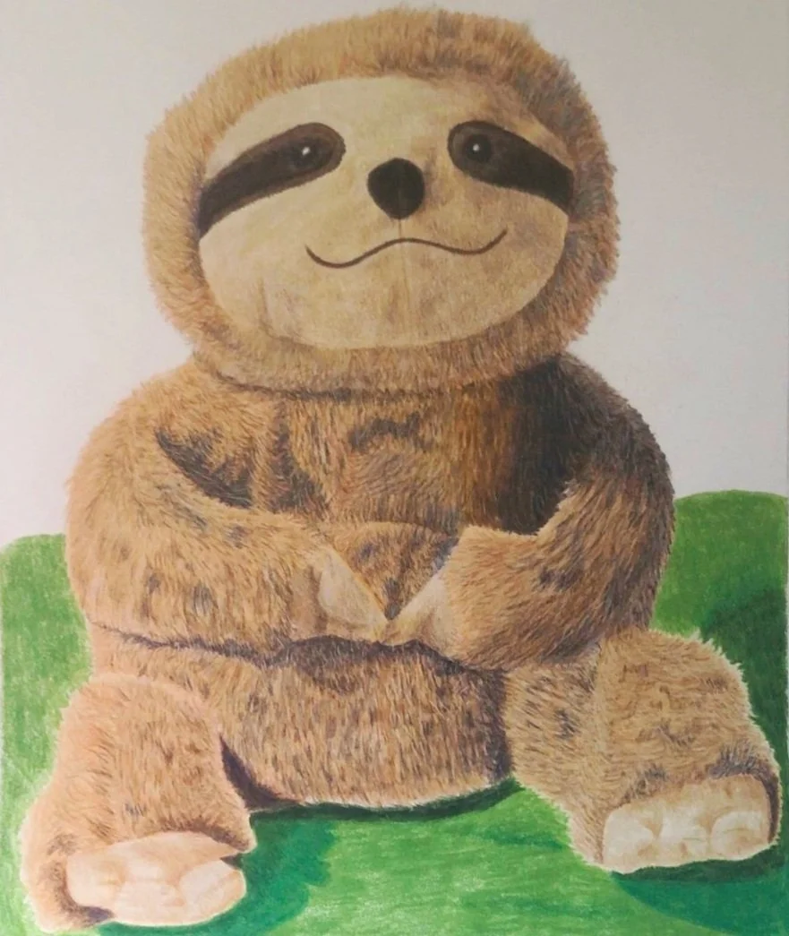 Warmth of Comfort, 2021, Colored Pencil, 11in x 14in, Mixed Media Paper.-
Warmth of Comfort is a heartfelt colored pencil drawing that captures the essence of a beloved stuffed sloth, nestled gently in a bed of lush grass. The sloth’s soft, inviting