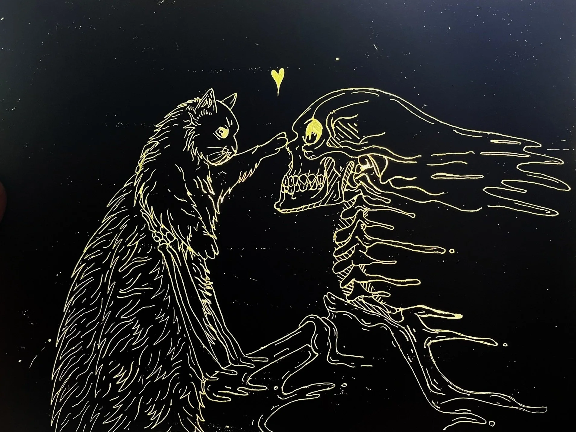 My Love, I Am Fading, 2022, 11in x 8.5in, Scratch Art, Scratch Art Paper.- My Love, I Am Fading is a deeply moving scratch drawing that captures the poignant connection between life, love, and the inevitability of loss. At its center, a skeletal figu